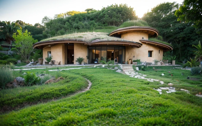 A photograph of a symmetrical contemporary house with (((one hyperbolic paraboloid green roof))) and (((biological pool))) and (((base wall rock foundation))) in a tropical backyard, high roof and long eaves, mustard yellow terracota plaster walls (((rustic clay stucco))), ((corner walls rounded)), ((rustic clay plaster)), (((terracotta walls with rounded corners, organic curves))), (((rustic earth plaster, mud))), (((hyperbolic-shaped green roof with wooden edge))), (((wooden roof structure, wooden rake, wooden fascia board))), eaves, ((roof with wooden structure)), In Bahia (((tropical garden))), ((natural houses, organic buildings, organic architecture)), ecovillage, sustainable architecture, bioconstruction architecture, solarpunk architecture, (((grass roof, green roof, green wave roof, rounded roof, vegetated roofs))), (((rock base foundation wall, foundation height 30cm, stone base wall 30cm high))), ((green architecture)), passive house, clear sky in the background, painful beauty, modern, imposing, green house, ((Bali hobbit Hadid Style)), super resolution, cinematic, color grading, editorial photography, photography, photo shoot, (((dramatic front eye top angle view))), O 50mm, depth of field, intricate details, natural colors, sharp focus, warm light, shutter speed 1/1000, F/22, White Balance, Ray Trace Reflections, Lumen Reflections, Screen Space Reflections, Diffraction Rating, Chromatic Aberration, GB Shift, Partial Lighting, Backlighting, Daylighting, Scan Lines, ambient occlusion, antialiasing, shaders, OpenGL-Shaders, GLSL-Shaders, Post-processing, post-production, shading, tone mapping, incredibly detailed and complex, hypermaximalist, elegant, hyperrealistic, super detailed, dynamic pose, Fujifilm XT