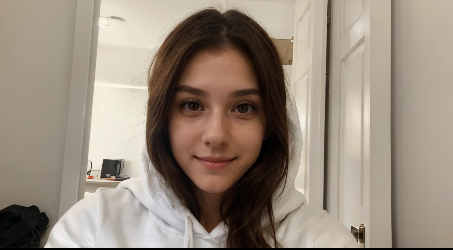 23 year old girl, charlotte sartre (brown hair, small nose, visible jawline, small cheekbones, big dark eyes) upper body selfie from hand, wearing white hoodie, cute smile