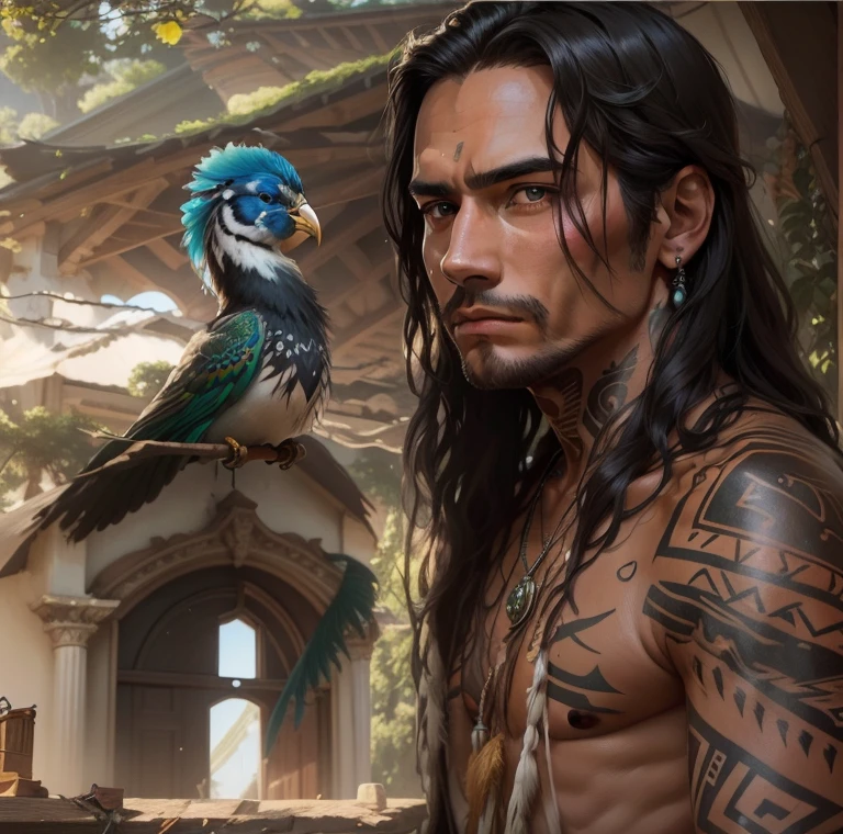 The image shows an indigenous man with long hair, wearing a necklace and looking intently at the camera. He is in front of a white bird, which looks like a peacock, with its feathers open. The man and the bird are the main subjects of the scene, creating a striking visual contrast between the man's tattoos and the bird's vibrant feathers. The scene has a church in the background. menino bonito rosto realista 8k rosto ultra realista