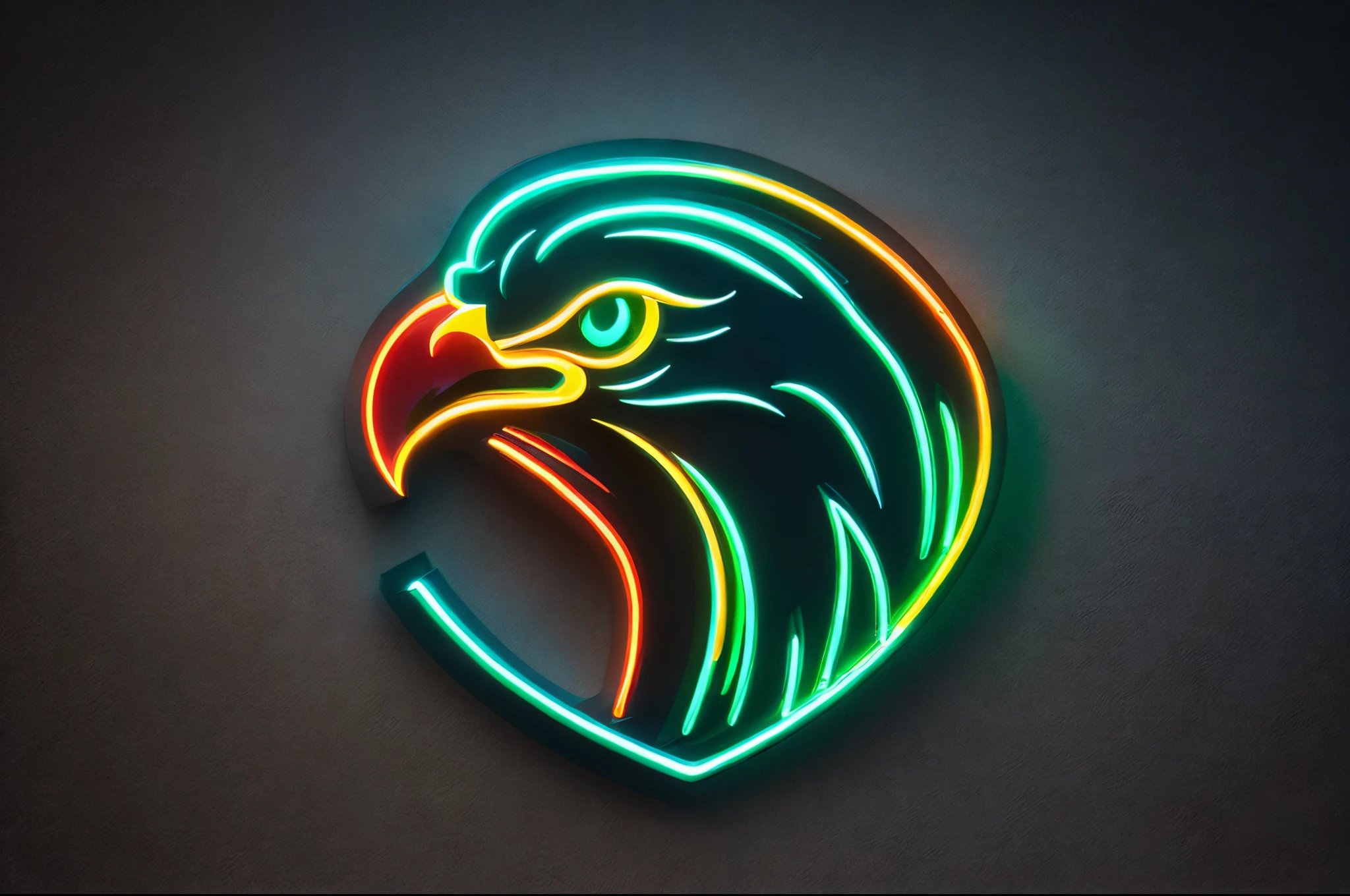 A captivating logo featuring a majestic eagle in a stunning neon style. The eagle portrayed with !sleek and powerful! lines, capturing its commanding presence and grace. The neon effect imbues the logo with a vibrant and futuristic look. The logo designed in a !striking and dynamic style!, utilizing neon colors that !glow and pulsate!. The contours of the eagle's form are outlined with vibrant neon lines, adding depth and visual interest. The neon colors used are carefully selected to evoke a sense of energy and excitement. To enhance the impact of the logo, a !subtle gradient lighting effect! employed. The light source illuminates the eagle from one side, casting a gentle glow that accentuates its contours. The gradient lighting adds a sense of dimension and realism to the logo, it visually engaging. This emblem logo perfect for representing a bold and powerful brand, team, or organization. It conveys a sense of strength, , and leadership, leaving a lasting impression on viewers