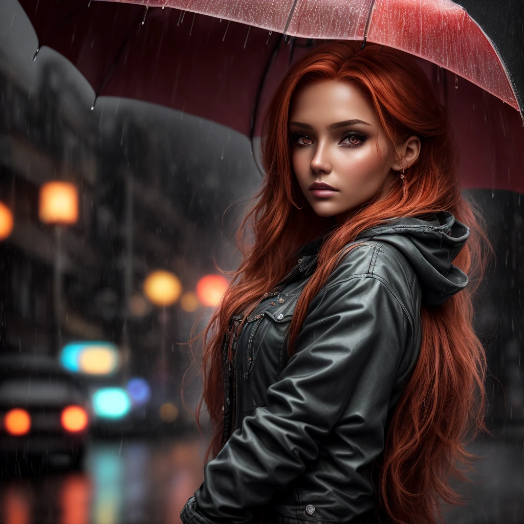 Una mujer bronceada con el pelo largo y rojo, La intensidad de sus ojos verdes oscuros, semejantes a los de una gata, they capture attentionwalking in the rain., 8K Artgerm Bokeh, WLOP. 4 mil, Hermosa mujer pelirroja, Chica bonita parada bajo la lluvia, Retrato lloviendo, Karol behind UHD, Retrato suave disparado 8K, Chica pelirroja, Al estilo de WLOP, Foto de una mujer hermosa