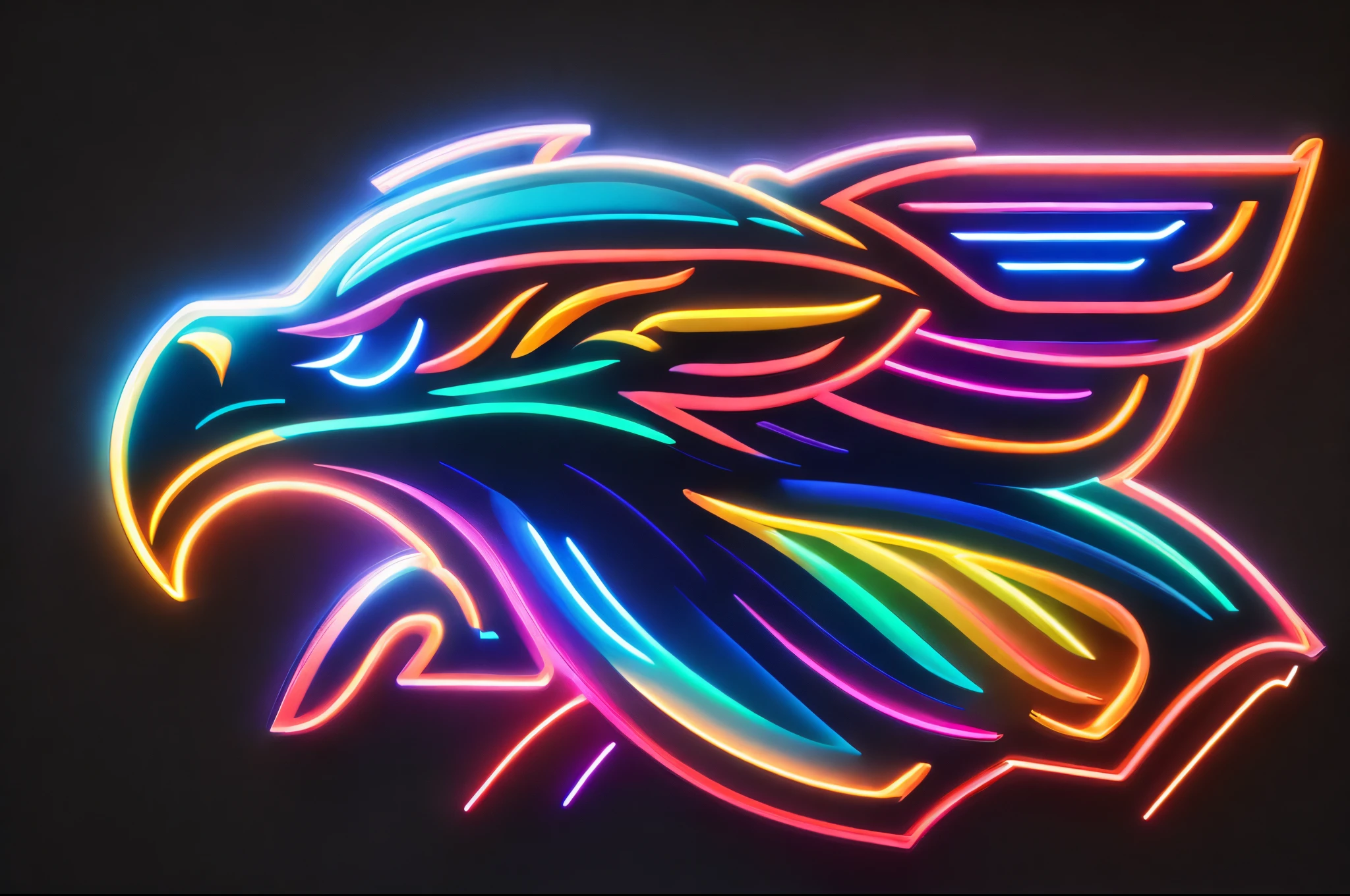 A captivating logo featuring a majestic eagle in a stunning neon style. The eagle portrayed with !sleek and powerful! lines, capturing its commanding presence and grace. The neon effect imbues the logo with a vibrant and futuristic look. The logo designed in a !striking and dynamic style!, utilizing neon colors that !glow and pulsate!. The contours of the eagle's form are outlined with vibrant neon lines, adding depth and visual interest. The neon colors used are carefully selected to evoke a sense of energy and excitement. To enhance the impact of the logo, a !subtle gradient lighting effect! employed. The light source illuminates the eagle from one side, casting a gentle glow that accentuates its contours. The gradient lighting adds a sense of dimension and realism to the logo, it visually engaging. This emblem logo perfect for representing a bold and powerful brand, team, or organization. It conveys a sense of strength, , and leadership, leaving a lasting impression on viewers