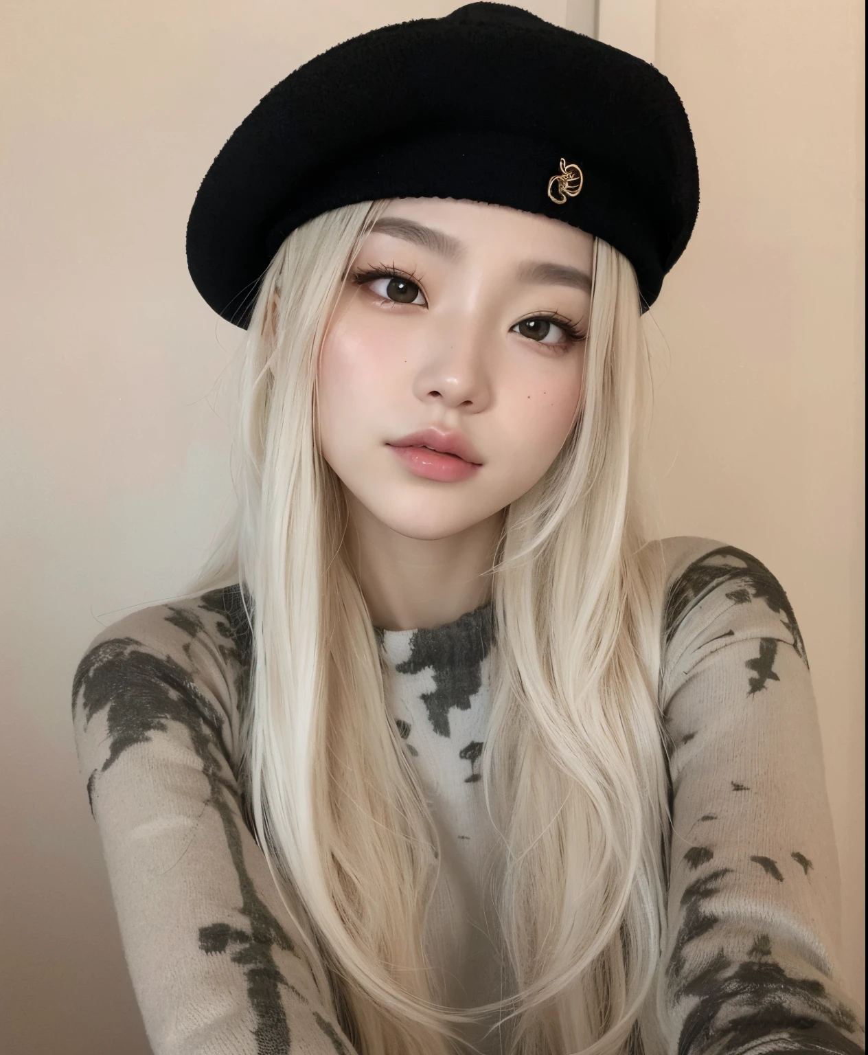 a close up of a person wearing a hat and a sweater, com cabelos longos brancos, Parque Roseanne do Blackpink, o cabelo dela branco, com longos cabelos brancos, Ulzzang, menina perfeita de cabelos brancos, menina coreana, branco hime corte penteado, pale hair, wan adorable korean face, very very pale blond hair, cabelos brancos rosto bonito, extremely pale blond hair