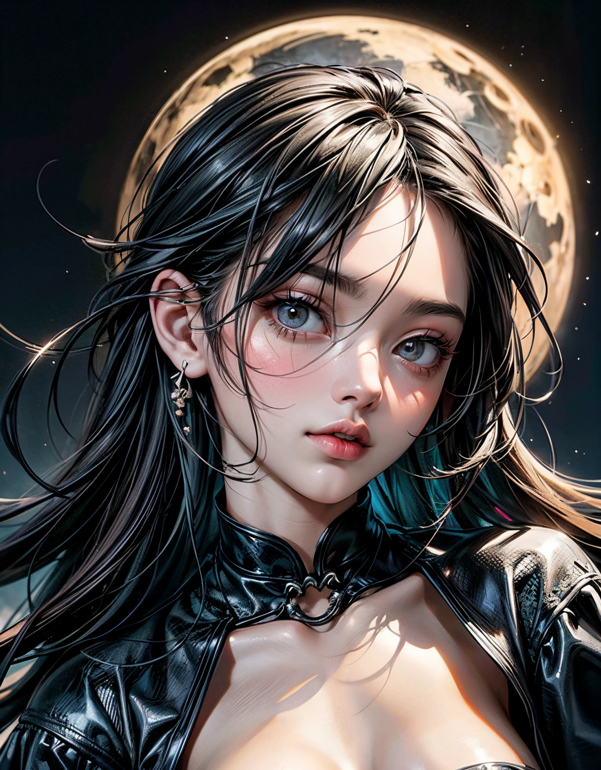 Capture the essence of female models with black fur, exudes an aura of fear. Set the majestic Alaska Mountains in the background。, under the full moon night. surround with dead trees, Under the grass, and intricate details, Capturing the essence of nature. Emulate the unique art style of famous artists like Greg Rutkowski。, Daniel Kastan, Carne Griffiths, Andreas Lee, Russ Mills, and Leonid Afremov. Set the scene to a black background, Create visually striking oil paintings reminiscent of their work. This composition is、The aim is to evoke the raw beauty of nature and the wild spirit of the female models through powerful and atmospheric depictions.。 .