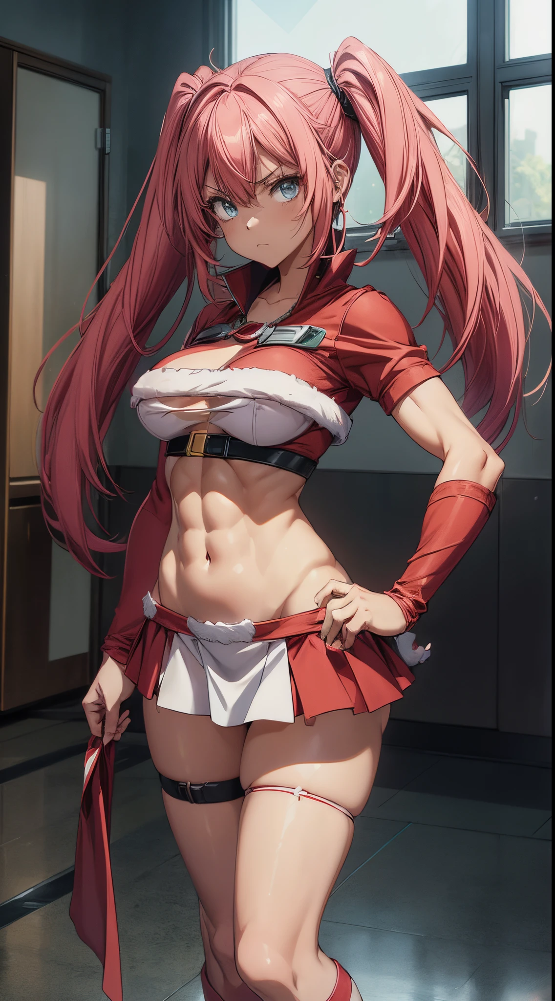 (((1 girl))), (wearing red Santa hat), (Milim Nava of tensei shitara slime), (pink hair twintails), (blue eyes), medium chest, (((wearing a sexy red Santa Claus outfit) Santa Claus in a beautiful short skirt))), (((full body view))), (in a motel room), (((beautiful, muscular legs))), thin waist, muscles on the abdomen, photo of full body, red high heel shoes, hands on hips, (grumpy), (((grumpy))), (HDR) , eye reflection, outstretched eyes, outstretched eyes, Moody, anime, minimalism, anime style, ray tracing, cinematic lighting, cinematic lighting, glow, glare, JPEG artifacts, bright light, divine rays, ray tracing, drop shadow, panorama, Sony FE, behind, underneath, underneath, UHD, master piece, accurate, accurate, anatomically correct, super detailed, high quality, best quality, very high, 16k