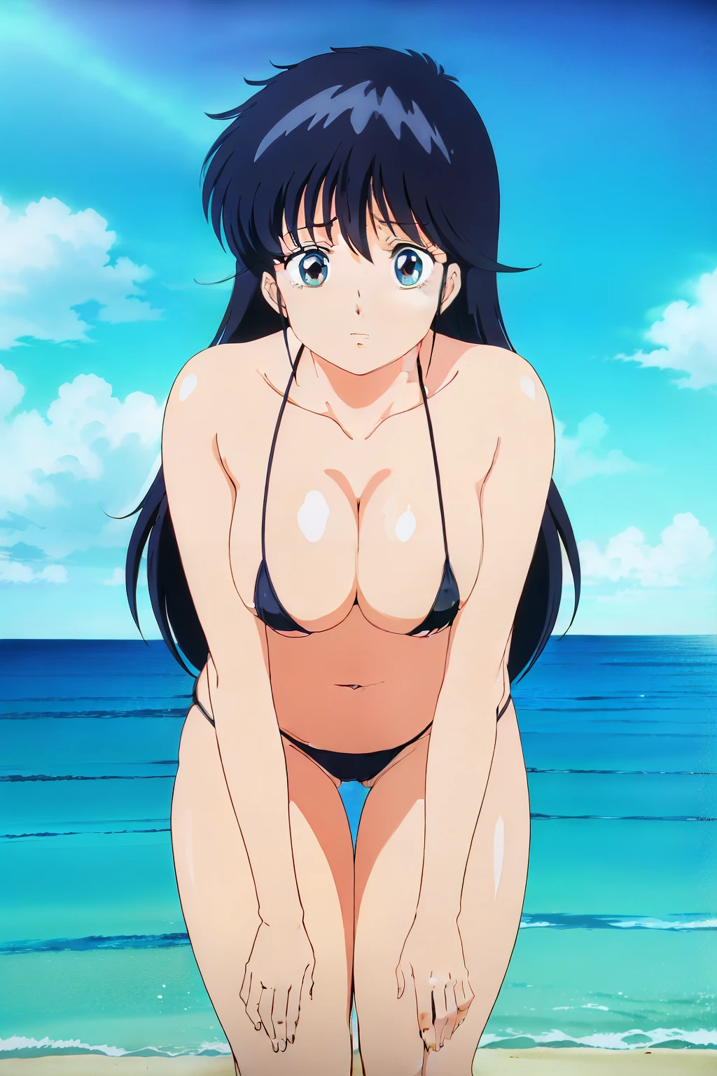 ((masutepiece, Best Quality, High resolution, anime screen cap, anime colours, in 8K, anime keyvisual)):1.5, madoka, 1girl in, Cute, blush, (Long Black Hair:1.5), 14years, (Oversized large sagging breasts:1.5), cleavage, ((White Micro Bikini:1.5, Thin fabric)), Navel Ejection, (Leaning forward:1.5), Arms Down, beach side, ((Perfect Anatomy, beautifull detailed face, Beautiful detailed eyes, beautiful detailed hair, Beautiful detailed body)), thick outline, Beautiful outlines, black outlines