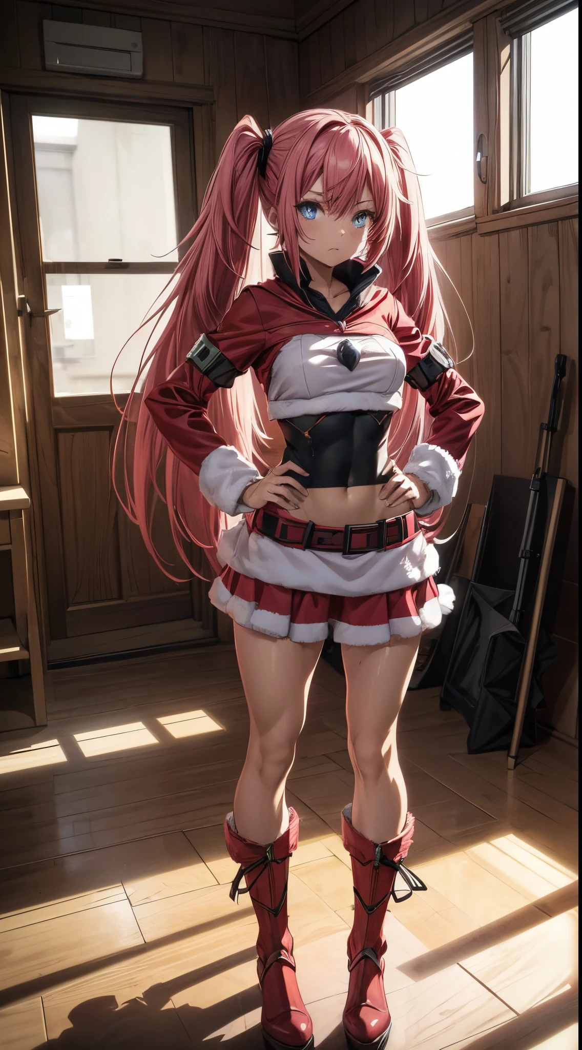 (((1 girl))), (wearing red Santa hat), (Milim Nava of tensei shitara slime), (pink hair twintails), (blue eyes), medium chest, (((wearing a sexy red Santa Claus outfit) Santa Claus in a beautiful short skirt))), (((full body view))), (in a motel room), (((beautiful, muscular legs))), thin waist, muscles on the abdomen, photo of full body, red high heel shoes, hands on hips, (grumpy), (((grumpy))), (HDR) , eye reflection, outstretched eyes, outstretched eyes, Moody, anime, minimalism, anime style, ray tracing, cinematic lighting, cinematic lighting, glow, glare, JPEG artifacts, bright light, divine rays, ray tracing, drop shadow, panorama, Sony FE, behind, underneath, underneath, UHD, master piece, accurate, accurate, anatomically correct, super detailed, high quality, best quality, very high, 16k