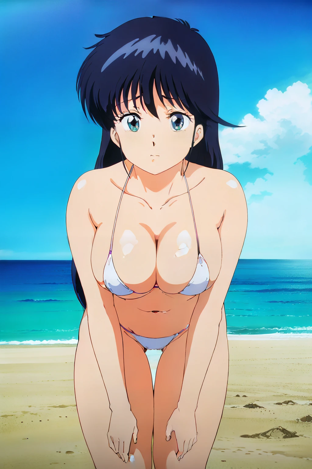 ((masutepiece, Best Quality, High resolution, anime screen cap, anime colours, in 8K, anime keyvisual)):1.5, madoka, 1girl in, Cute, blush, (Long Black Hair:1.5), 14years, (Oversized large sagging breasts:1.5), cleavage, ((White Micro Bikini:1.5, Thin fabric)), Navel Ejection, (Leaning forward:1.5), Arms Down, beach side, ((Perfect Anatomy, beautifull detailed face, Beautiful detailed eyes, beautiful detailed hair, Beautiful detailed body)), thick outline, Beautiful outlines, black outlines