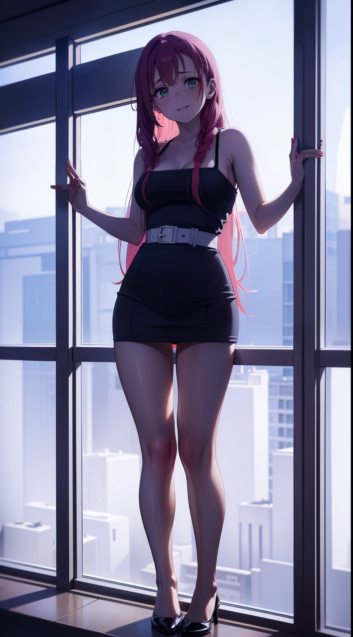 Hyper-realistic super detailed sexy Mitsuri Kanroji, NSFW, muy detallado, expresiones faciales sexys, Detail of seductive facial expression.: 1.4): 0.4], 16K resolution, 4k-resolution, dynamic  lighting, high-definition resolution, (pose sexy, Attractive position), (hiperrealista: 1.4), (Luz de fondo: 1.2), (Luz solar: 1), (altura completa: 1.8),(fondo contrastante: 1.5), (Hyperrealistic arm anatomy), (hyperrealistic leg anatomy), (Piel limpia), (Cinematic lighting: 1.7), (intimo), (Tecnología NVIDIA RTX Ray Tracing), (Perfect flat stomach), (Imagen en color),Create a 4K resolution, ultrarrealista, y obras de arte extremadamente detalladas que muestran a un CEO de Mitsuri Kanroji en un entorno de oficina corporativa con un estilo provocativo. Mitsuri Kanroji, el personaje central de la obra de arte., Conocida por su presencia imponente y su apariencia audaz. Ella se para frente a una gran ventana de vidrio de una oficina moderna que ofrece una vista del paisaje urbano..

 ((Mitsuri Kanroji (Asesino de demonios))), una chica con el pelo largo degradado de color verde rosado y ojos verdes, cabello verde, Cabello degradado, cabello multicolor, Cabello largo. Sha tiene una presencia imponente. Tiene una silueta provocativa pero profesional, con un traje de negocios entallado que resalta sutilmente su figura. Su maquillaje atrevido, with striking red lips and a look that demands attention.

She dressed provocatively,  A bold fashion statement. leotardo de colores brillantes, un toque de glamour a su apariencia general. shy and weak smile