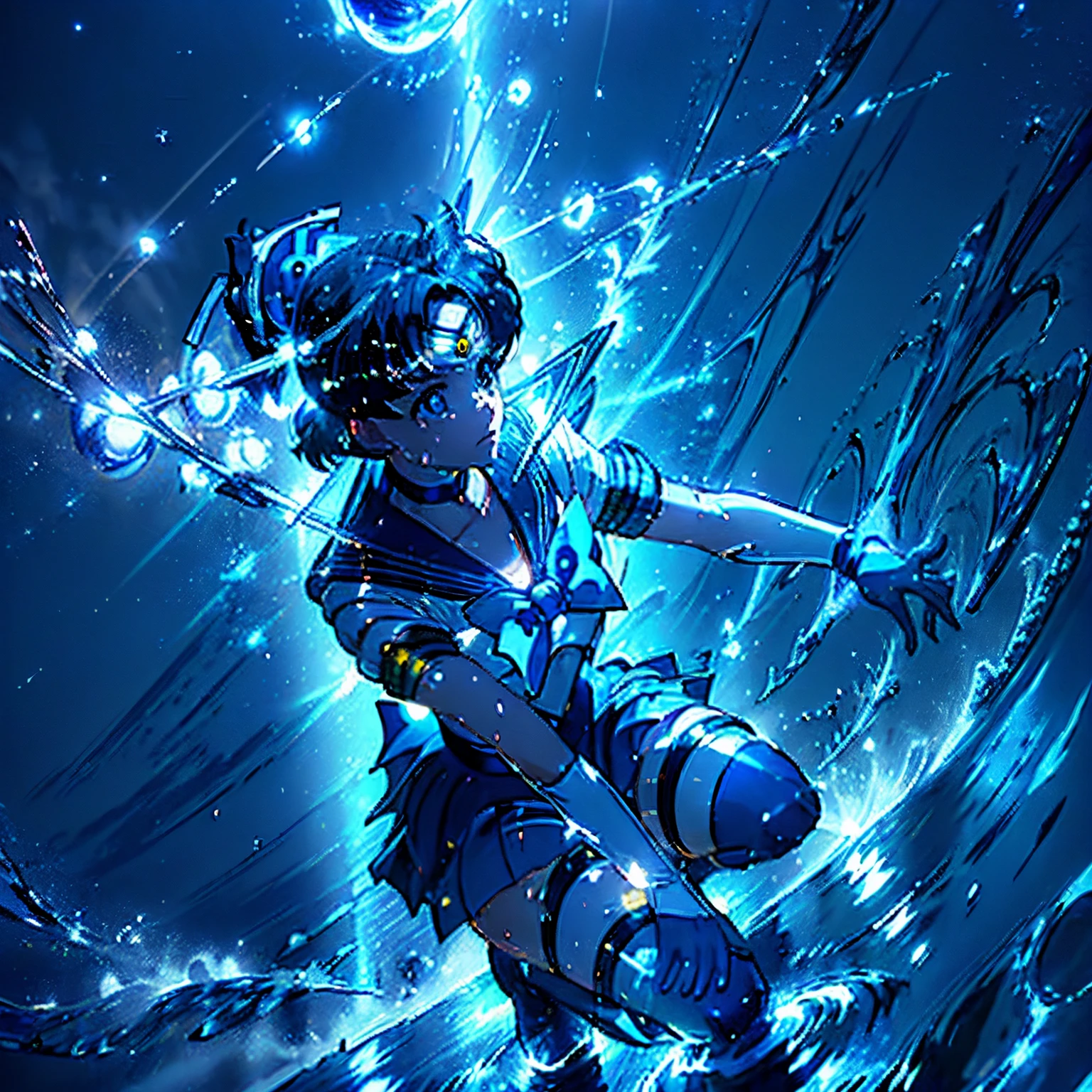 1girl,yellow spotlight, silhouette, (portrait of sailor mercury looking up slightly), mer1, tiara, knee boots, blue choker, blue sailor collar, cute girl, blue hair, elbow gloves, sailor senshi uniform, beautiful face, determined face, high quality, UHD, 8k detailed, detailed eyes, (flowing water around her) , motion lines, ((single beam of white light on her face)), (charging energy ball of water behind her) , Kamehameha , gusting winds, kneeling