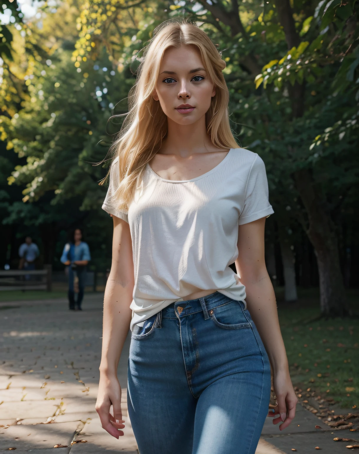 Jessica Henwick, blonde hair, black jaquet, white t-shirt, blue jeans.