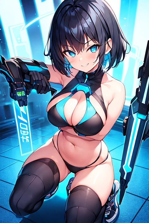 1girl, large breasts, breasts, wide hips, black hair, very short hair, blue eyes, bikini, black bikini, neon trim, blue neon trim, smile, smirk, smug, futuristic, science-fiction, tech, machinery, shoes, sneakers, blue trim, v-string, ornament, full body