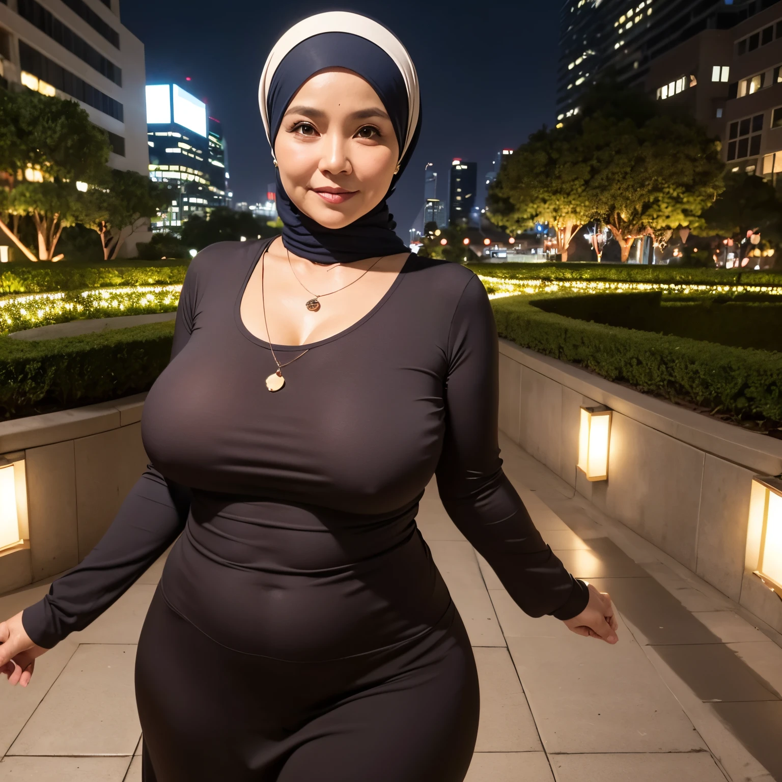 58 Years old, Indonesian mature woman, wearing Wide Hijab, perfect curvy body, natural Gigantic breast : 66.9, gorgeous eyes, Soft smile, wear a Long-Sleeve Tank Top, No Wearing Bra, necklace, hairband, Breast about to burst Out, Nightime walk, City garden, Excellent lighting, Light colors, Clean Lines