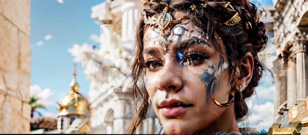 blind box toy style, a close up of a woman with a face painted like a warrior, cinematic goddess close shot, the godess Athena, the goddess, unreal engine render + a goddess, cgi cutscene, epic 3 d yemaya, orianna, the goddess Athena smirking, cinematic goddess shot, wow 4 k detail fantasy, amazing cgi, hair tied up in a bun,
