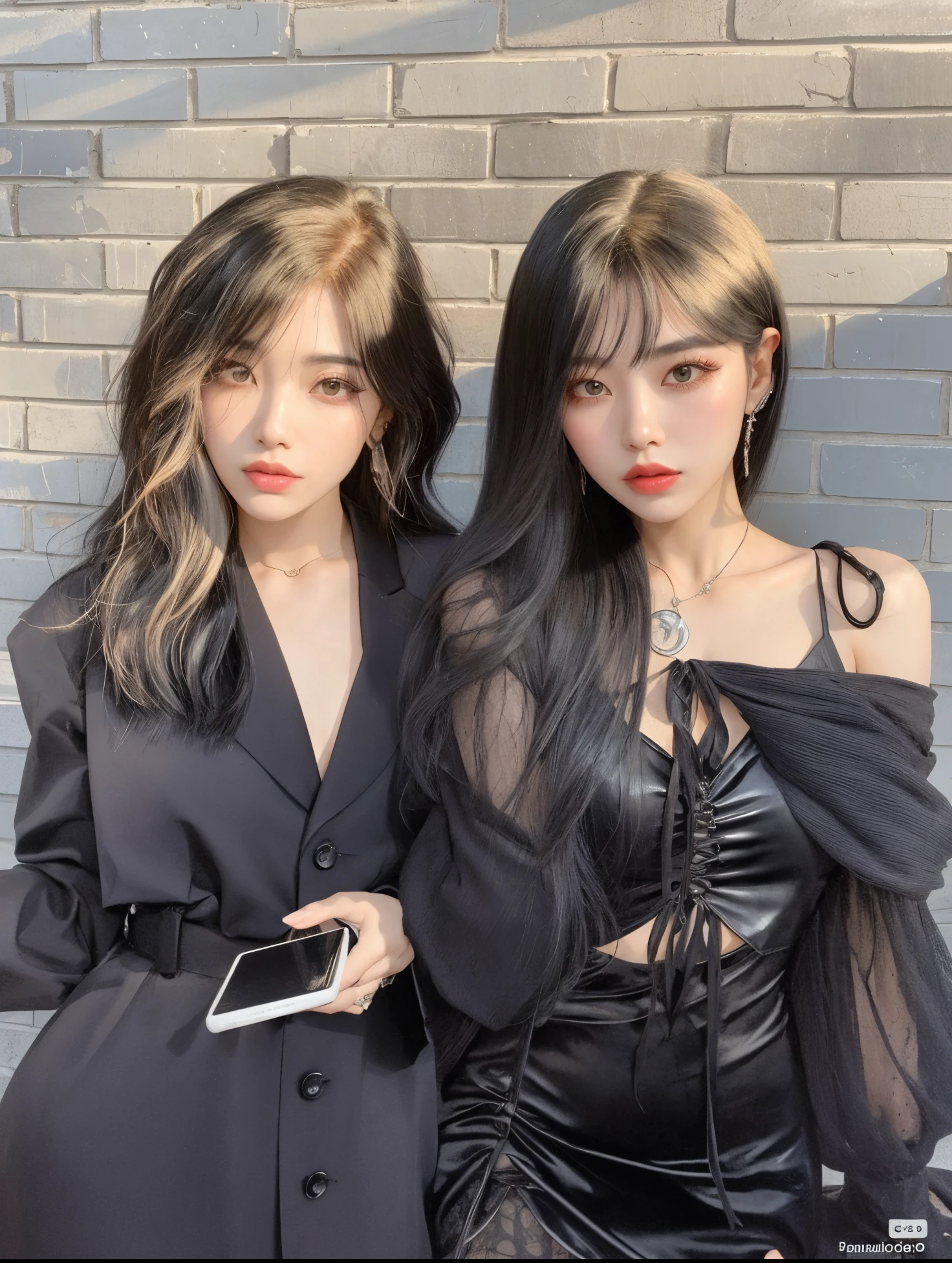 Two women in black clothes standing next to each other, com preto, cabelo comprido com franja completa, com o mesmo penteado, Ulzzang, cabelo blackbangs cabelo, cabelos longos com franja, Ela tem cabelo preto com franja, inspirado em Wang Duo, cabelo preto longo com franja, com franja completa, com franja, cruel korean goth girl, beautiful gemini twins