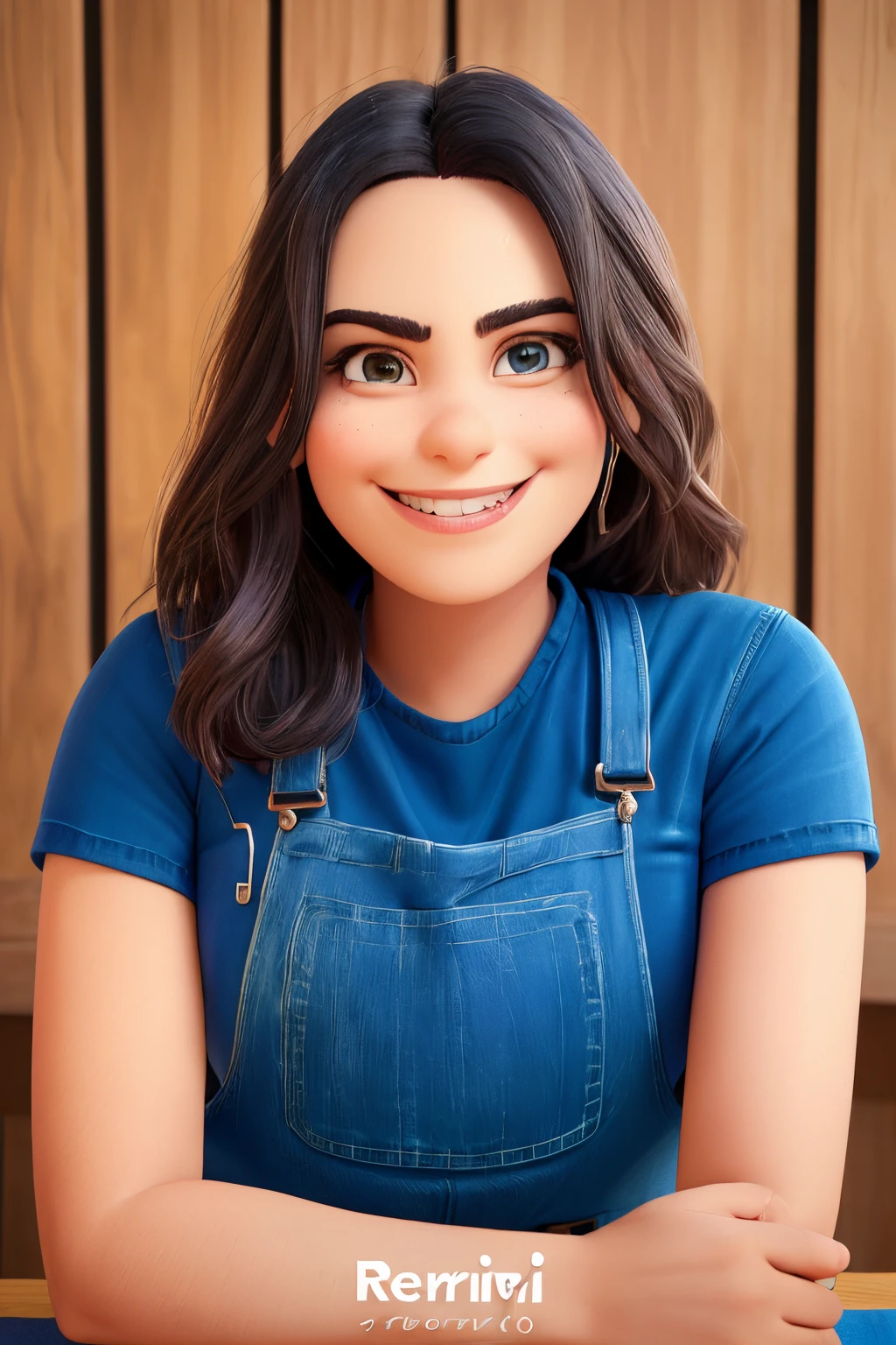 Arafa woman in a blue shirt and overalls sitting at a table, grande sorriso, wearing blue jean overalls, wearing overalls, Retrato no meio da foto, chilled out smirk on face, foto da mulher jovem, sorriso alegre, imagem promocional, mulher bonito, leve sorriso bonito, cara bonita, mean smirk, imagem promocional, artist wearing overalls