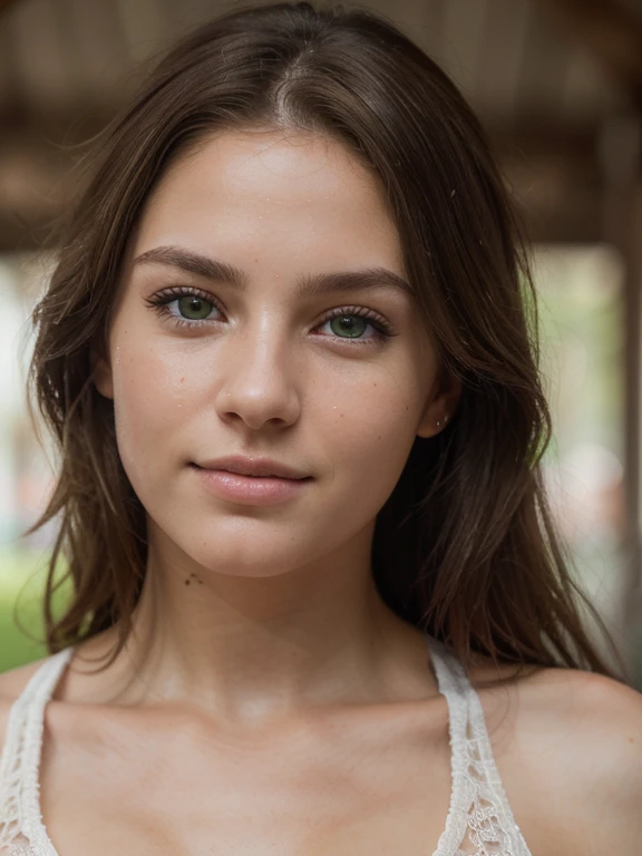 Front view of a beautiful European girl (22 years old, cuttie face, natural wavy brown hair, green eyes, high resolution, best quality, intricate details, very detailed, sharp focus, detailed skin, realistic skin texture, texture, detailed eyes, professional, 4K, charming smile, photo on Canon, 85 mm, shallow depth of field, perfectly adjusted body, extremely detailed, photography (ultra), photorealistic, Realistic, Post-processing, Maximum detail, roughness, real life, Ultra realistic, photorealism, photography, 8K UHD, photography, ((detailed face:1.2)), (detailed facial featureinely detailed skin)