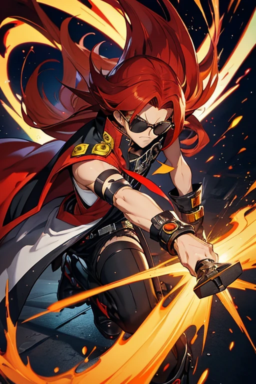 a man with long red hair in a yellow coat and sunglasses, Traje real de Akira, Gatilho Estilo de Arte de Anime, guilty gear strive splash art, arte chave do anime, Arte Oficial, Parte Brando, arte oficial altamente detalhada, Estilo de arte Guilty Gear, Epic anime style, Persona 5 Estilo Arte wlop, KDA, better arms, mais detalhes roxos e azuis, Yu-Gi-Oh estilo arte, egyptian setting