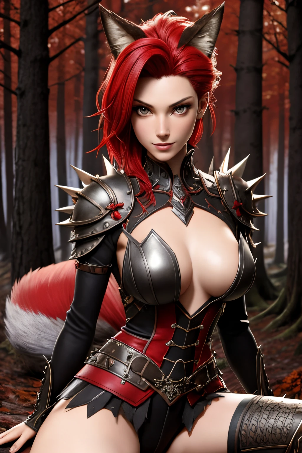 Beautiful 1girl in, fullbody, ager, Solo, spiky hair, disheveled spiky red hair, spiky red hair, light gray eyes, some small freckles, pale skin, medium breasts, cleavage, runners body, (thin hips, thin waist: 1.25), (arched back:1.12), detailed skin, neutral face, mischievous smile, revealing clothes, (wearing yeux rouge, Black and red studded leather armor, Bloody sword: 1.1), (groping chest: 1.23), touching herself, (crouching: 1.22), (dark dark red fox ears:1.25), (detailed magical forest background:1.1), creek, overlooking opening in forest, 4k textures, soft light, elegant, highly detailed, sharp focus, soothing tones, insane details, intricate details, hyperdetailed, low contrast, exposure blend, hdr, faded