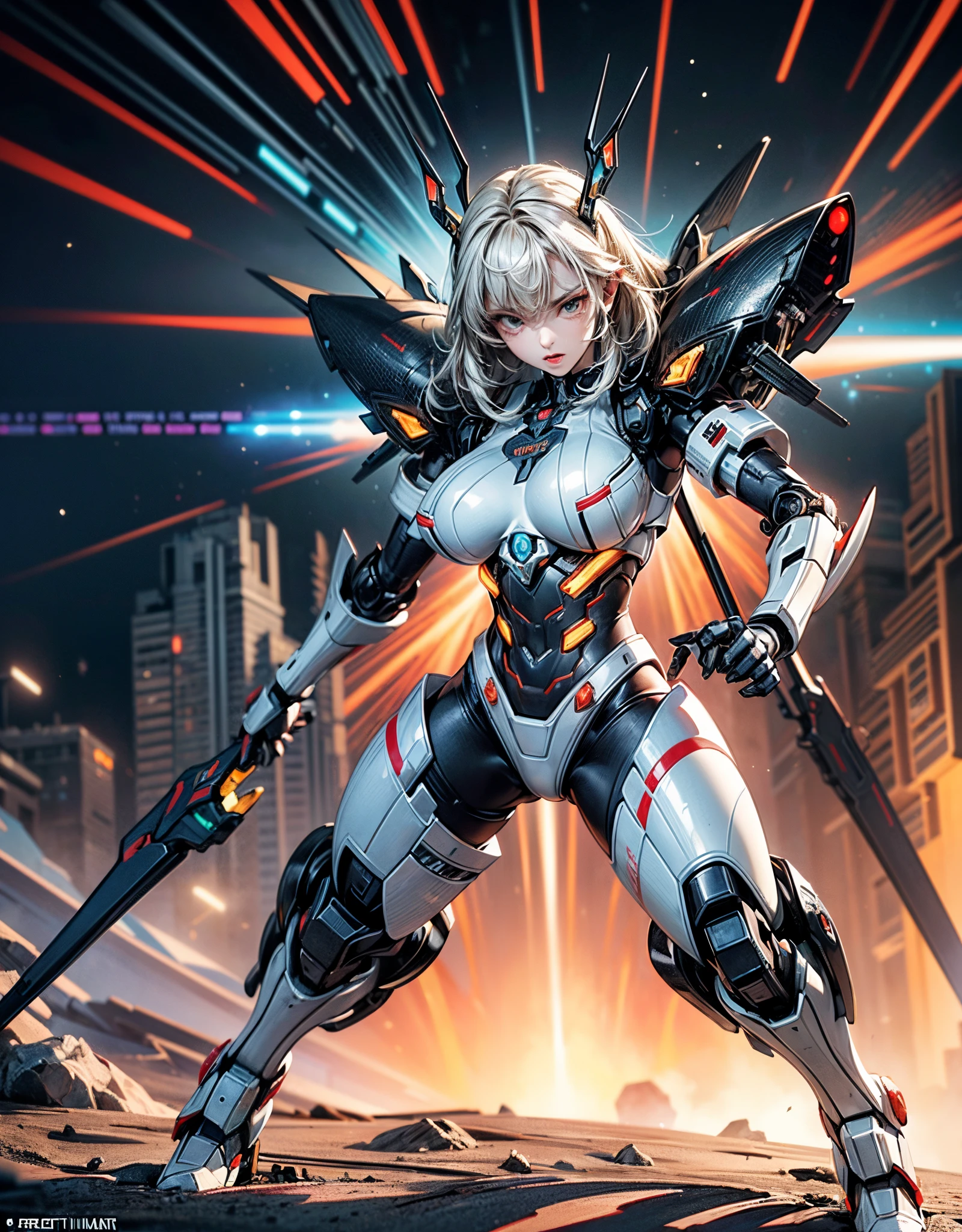 “Super detail in 8K resolution, sci-fi mecha style inspired by the Atomic Ant. | In a complex science fiction world, uma mulher mecha interage freneticamente com uma colmeia gigante. Enquanto combate os efeitos de um ataque DDOS, Your mecha displays agile and powerful movements, highlighting the dynamics of the scene. | The pulsating hive and sci-fi elements in the background create a chaotic and technological environment, accentuating the intensity of the situation. | The focus is on the mecha woman's interaction with the hive, highlighting his agile movements and determined expression as he faces the cyber attack. | Sci-fi scene of a mecha woman inspired by the Atomic Ant interacting frantically with a giant hive, highlighting scene dynamics in 8K detail | (perfect_pose), She is adopting a ((dynamic_pose as interacts, boldly confronting the cyber attack):1.3), perfect_hands, perfect_fingers, perfect_legs, better_hands, ((full_body)), More_Details”.