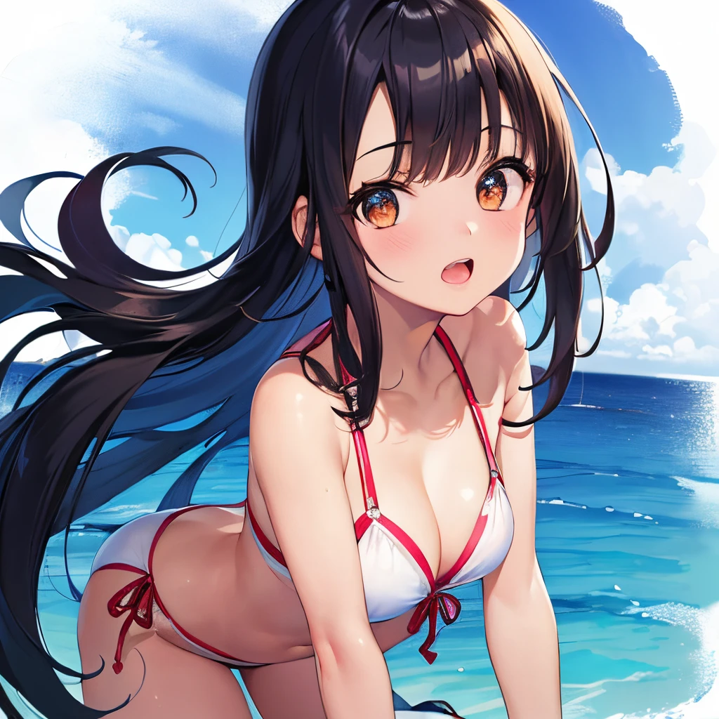 foto realista, (master part,best quality:1.4),(8k,Foto RAW,foto realista:1.2), pele detalhada,Rosto detalhado,1girl,japanese idol,cara bonito, cabelos pretos,delgado, olhos brilhantes, sorrir, quebrar (side view:0.6), Cute bikini