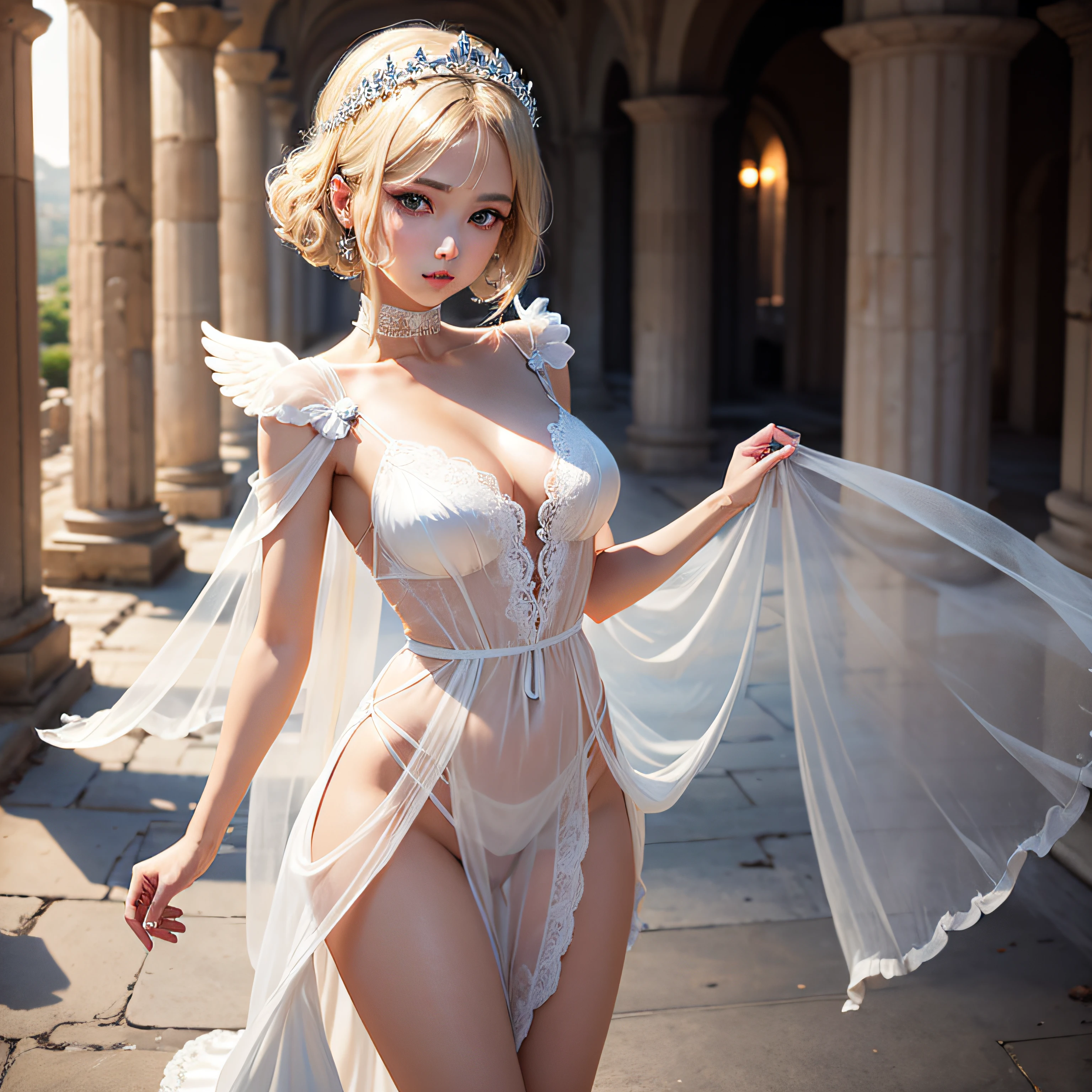 Ancient Greek ruins where only pillars remain、Walk in front of the fountain、8K、realphoto、超A high resolution, Master Parts, Best Quality, nffsw , cinematic images,Lovely girl、ann、18year old、Anglo-Saxon、Very big big eyes、二重まぶた、drooping eyes、Dark eye shadow、 ighly detailed , a blond、Straight short hair、 Sweet look 、thin lipss ,a very beautiful woman、legs are long、bare-legged、 Very clear shadows , jewely , A sexy , A detailed eye, very intricate, shiny skins , Perfect Brilliant, Perfect Lighting, Dramatic shadows ,White tiara on head、Greek see-through white dress、Big white angel wings behind shoulders 、White bouquet in both hands