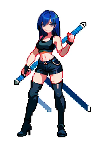 (masterpiece, top quality, best quality), pixel, pixel art,1girl,full body, facing viewer, high detail, long dark blue hair, black shorts, black tank top, thigh high boots, midriff, giant curved sword