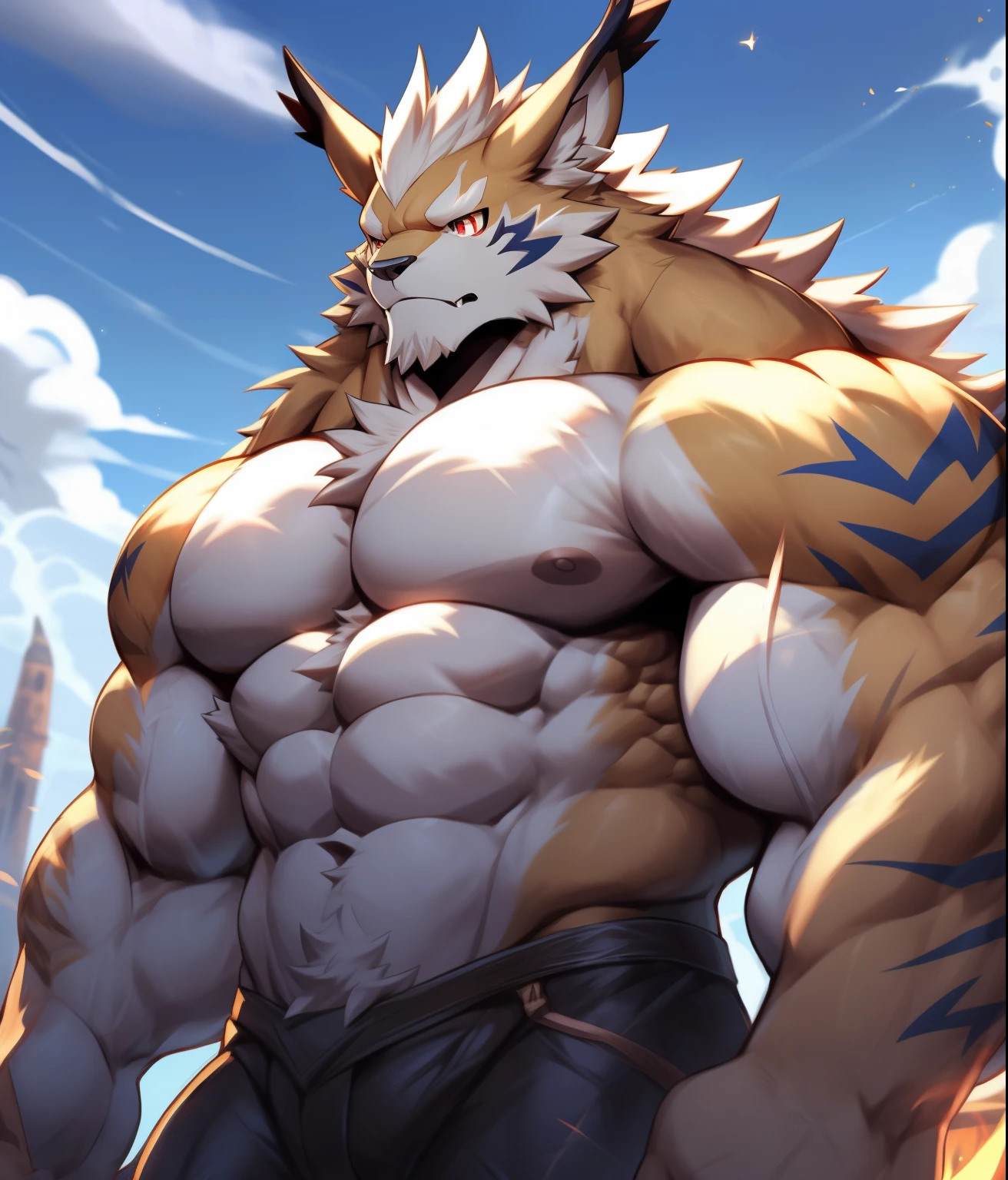 nj5pielry, (((derriere, piel, Me))) Un Leomon, kemono, red eyes and body full of huge muscles, muslos musculosos enormes firmes, nalgas redondas y trasero redondo con la espalda contra el fondo de la nebulosa, Estrellas y planetas. Girando ligeramente la cabeza para ver al espectador., (de pie de espaldas)