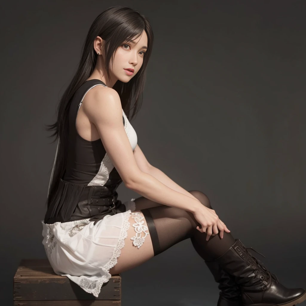 (best quality,ultra-detalhado),(Realistic:1.37),Tifa Lockhart, Rosto bonito e detalhado, maquiagem preta nos olhos, expression happy, textura ultra realista, rosto delicado, corpo delicado, Fit physique, usando batom e brilho labial, olhar penetrante e cativante