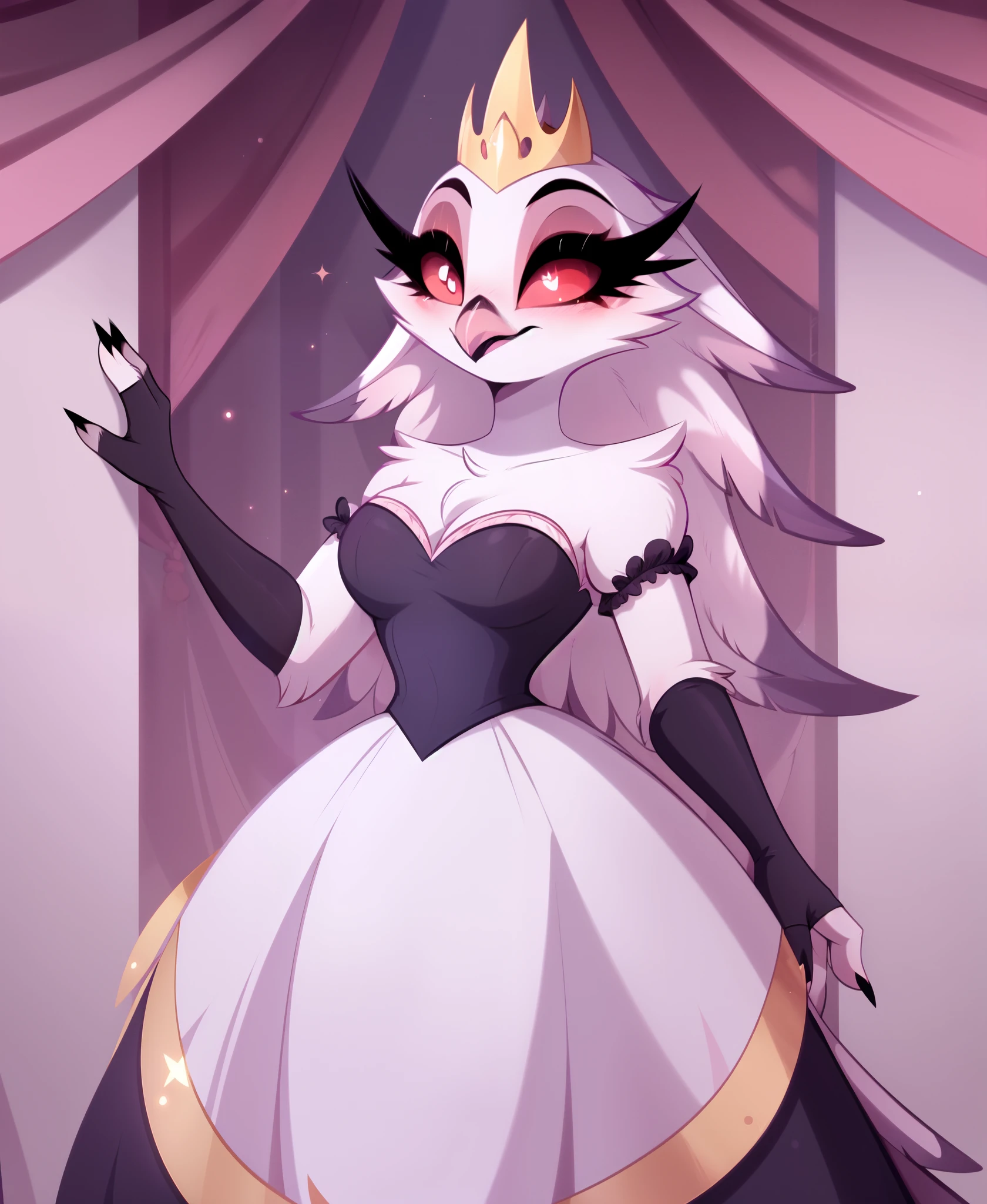 Stella, owl, cute, blushing,, red eyes, white pupils, Helluva Boss, by VivziePop,, stelladress, stellaoutfit, stella dress , gold crown, elbow gloves, fingerless gloves