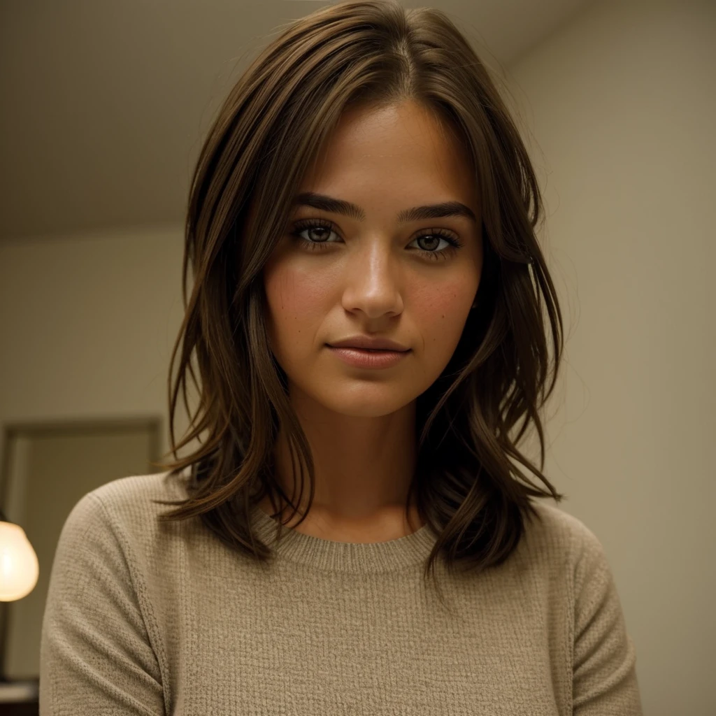 "A portrait of a 27-year-old American woman with short, tied brown hair and striking brown eyes. She should have a natural, while working with computer approachable expression and be illuminated by beautiful pixel. The background should be a scenic working indoor office setting. Capture this image with a high-resolution photograph using an 300mm lens for a flattering perspective.