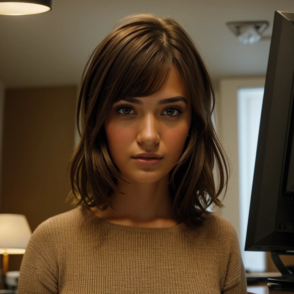 "A portrait of a 27-year-old American woman with short, tied brown hair and striking brown eyes. She should have a natural, while working with computer approachable expression and be illuminated by beautiful pixel. The background should be a scenic working indoor office setting. Capture this image with a high-resolution photograph using an 300mm lens for a flattering perspective.