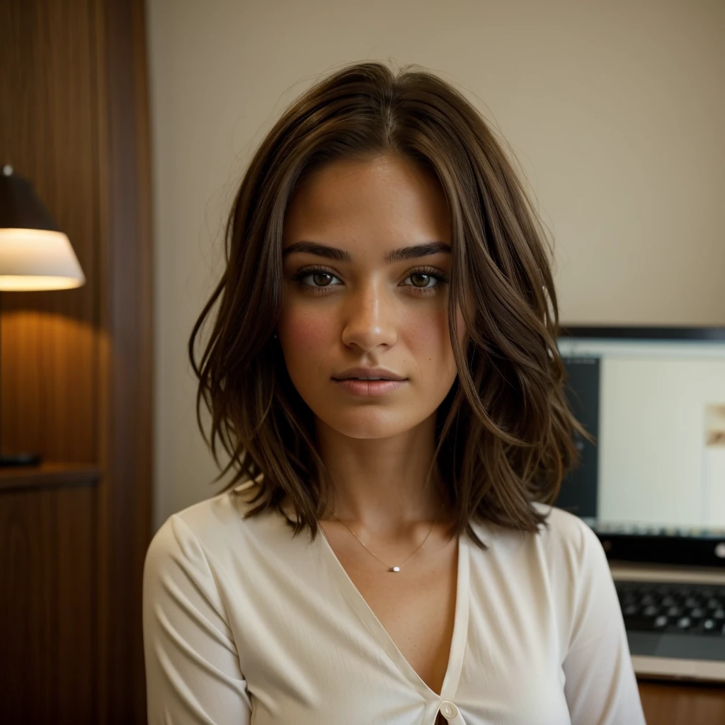 "A portrait of a 27-year-old American woman with short, tied brown hair and striking brown eyes. She should have a natural, while working with computer approachable expression and be illuminated by beautiful pixel. The background should be a scenic working indoor office setting. Capture this image with a high-resolution photograph using an 300mm lens for a flattering perspective.