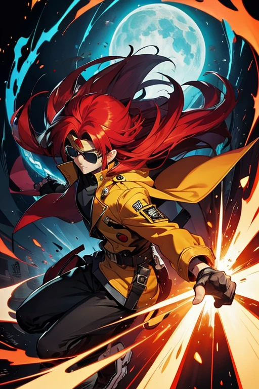 a man with long red hair in a yellow coat and sunglasses, Traje real de Akira, Gatilho Estilo de Arte de Anime, guilty gear strive splash art, arte chave do anime, Arte Oficial, Parte Brando, arte oficial altamente detalhada, Estilo de arte Guilty Gear, Epic anime style, Persona 5 Estilo Arte wlop, KDA, better arms, mais detalhes roxos e azuis, Yu-Gi-Oh estilo arte, egyptian setting