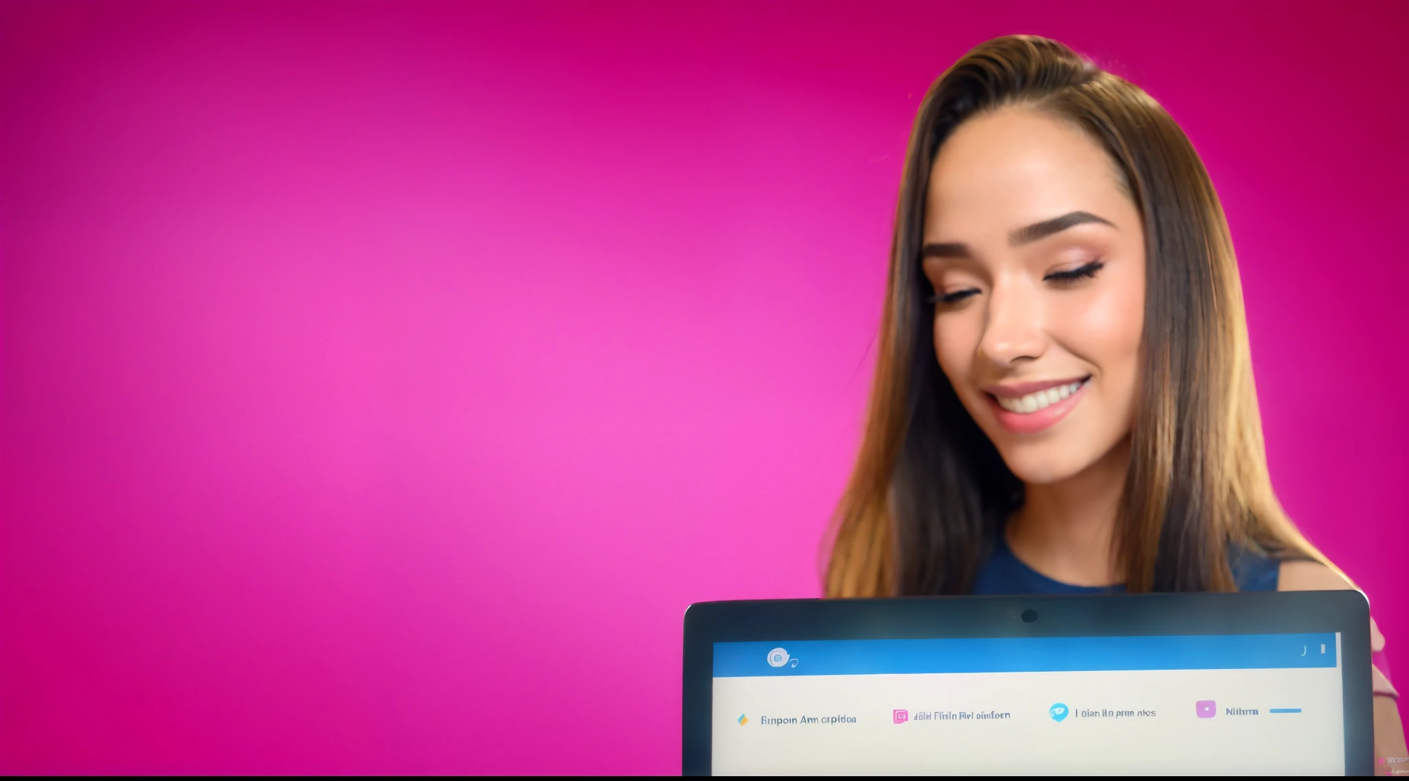 mulher arafa segurando um laptop com fundo rosa, Pokimane, Video screenshot, Directed by: Juan O'Gorman, Vibrant and dynamic, miniatura, cena vibrante, cena completa, imagem vazada, Beautiful image, vibrant feel, Clean background trend, television show, Captura de tela ampla, imagem do avatar, belos arredores, Emma Uber, product introduction photo, dispositivo completo