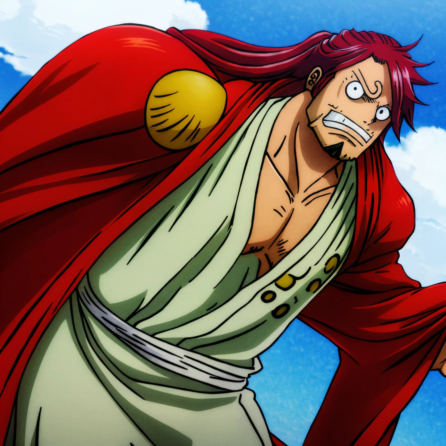 Male character with red hair semi-long hair and beard in style of manga One Piece