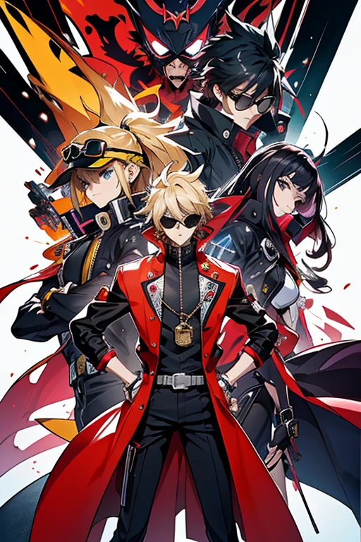 um homem com longos cabelos ruivos, a yellow coat and sunglasses and a disc on his left arm, Traje real de Akira, Gatilho Estilo de Arte de Anime, guilty gear strive splash art, arte chave do anime, Arte Oficial, Parte Brando, arte oficial altamente detalhada, Estilo de arte Guilty Gear, Epic anime style, Persona 5 Estilo Arte wlop, KDA, better arms, mais detalhes roxos e azuis, Yu-Gi-Oh estilo arte, egyptian setting,