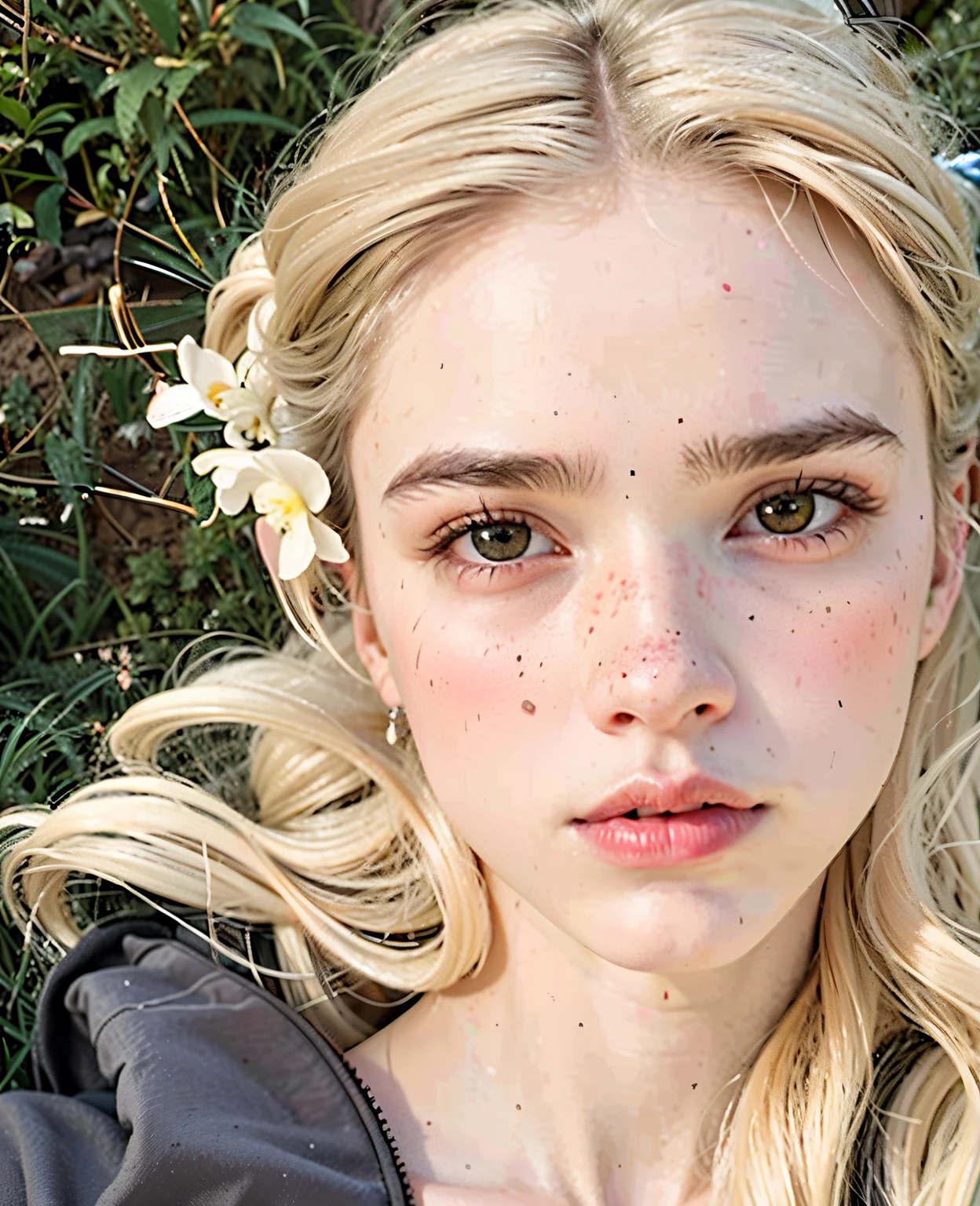 menina loira com flor no cabelo, deitada na grama, Ela parece uma mistura de Grimes, Kiernan Shipka, 1 6 anos, parece uma mistura de grimes, 18 anos, cara muito bonita, Elle Fanning), her face looks like an orchid, ela tem cerca de 16 anos, parece uma mistura de grimes, Elle Fanning