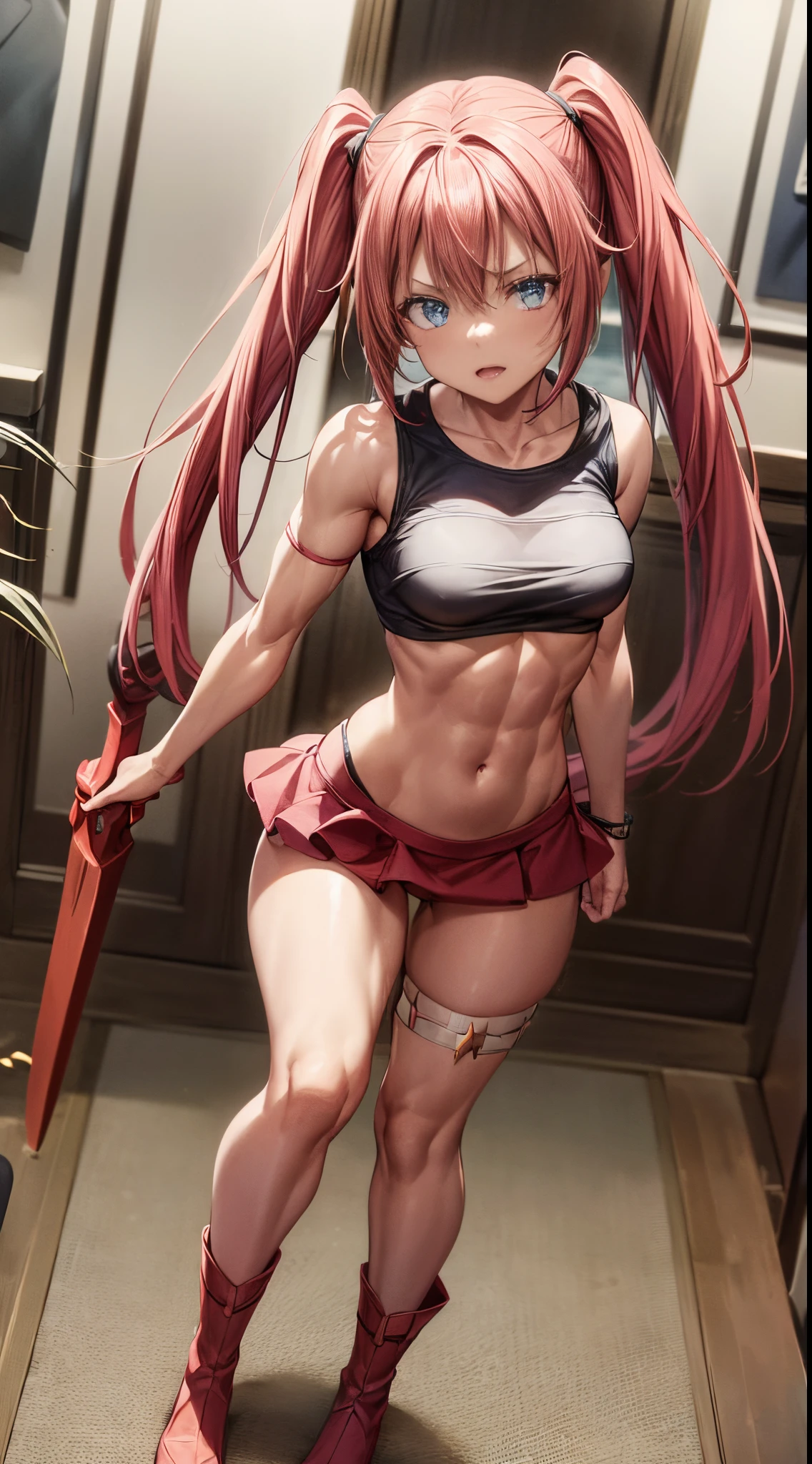 (((1 girl))), (wearing red Santa hat), (Milim Nava of tensei shitara slime), (pink hair twintails), (blue eyes), medium chest, (nails painted black), perfect hands , (((wearing a sexy red Santa Claus outfit with a cute short skirt))), (((full body view))), (in a motel room), (((beautiful, muscular legs))) , thin waist, muscles in the abdomen, full body photo, red high heel shoes, (holding a red dragon sword), (HDR) , eye reflection, extended eyes, extended eyes, Moody, anime, minimalism, anime style , ray tracing , cinematic lighting , cinematic lighting , glow , shine , jpeg artifacts , bright light , divine rays , ray tracing , drop shadow , panorama , Sony FE , behind , underneath , underneath , UHD , master piece , accurate, precise, anatomically correct, super detailed, high quality, best quality, very high, 16k
