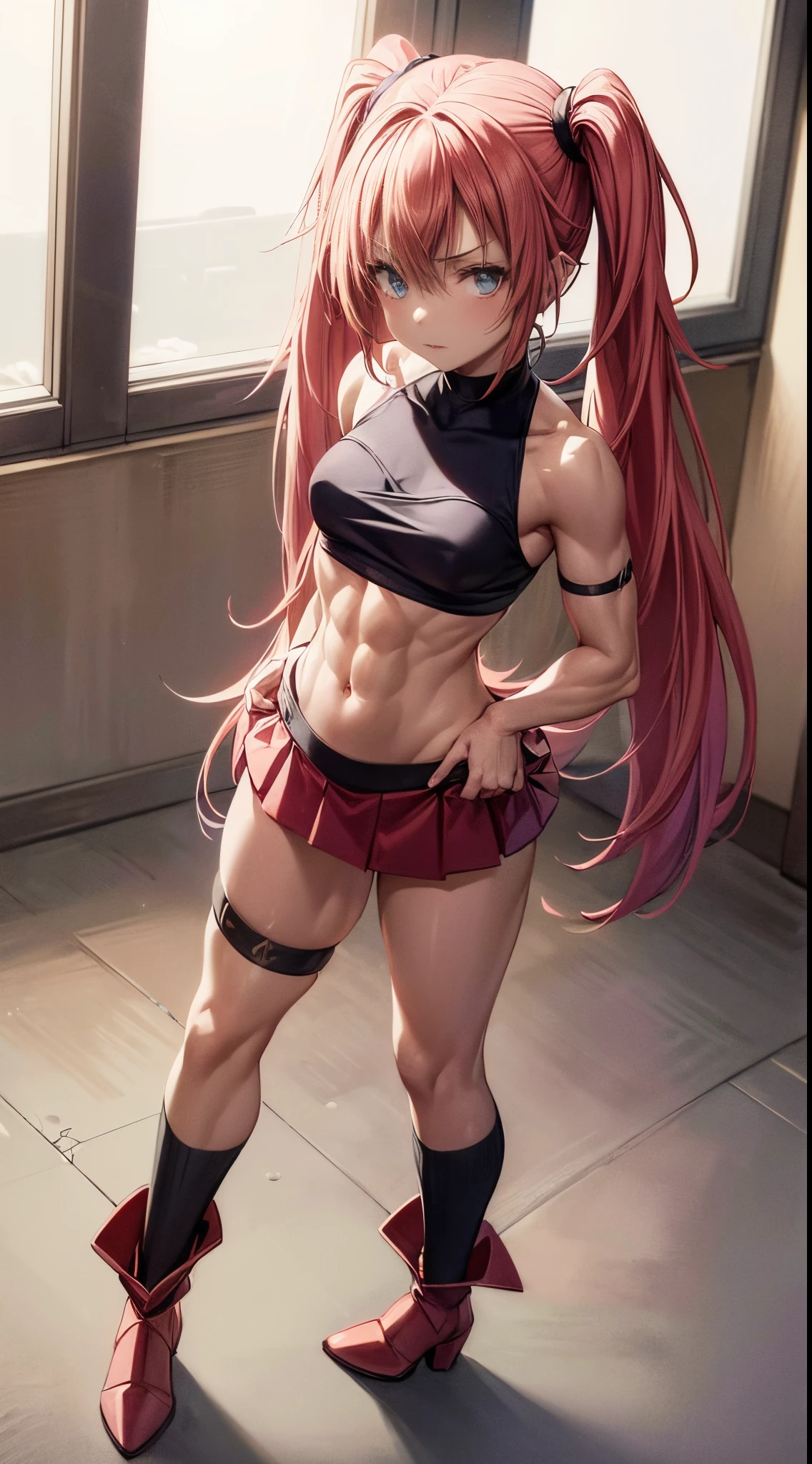 ((female)), (very messy hair), (happy smile), Fangs, ((ripped abs)), toned arms and legs, medium breasts, Excessive sweating, (bedroom setting), bright blue eyes, ((hair pink)), barefoot, standing, (((facing me, hiding her breasts with her hands))), ((wearing only very short panties)), looking at the camera