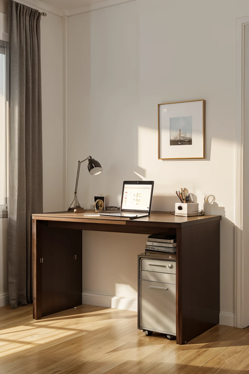 front view home office elegant modern night table table against the wall measuring nine square meters