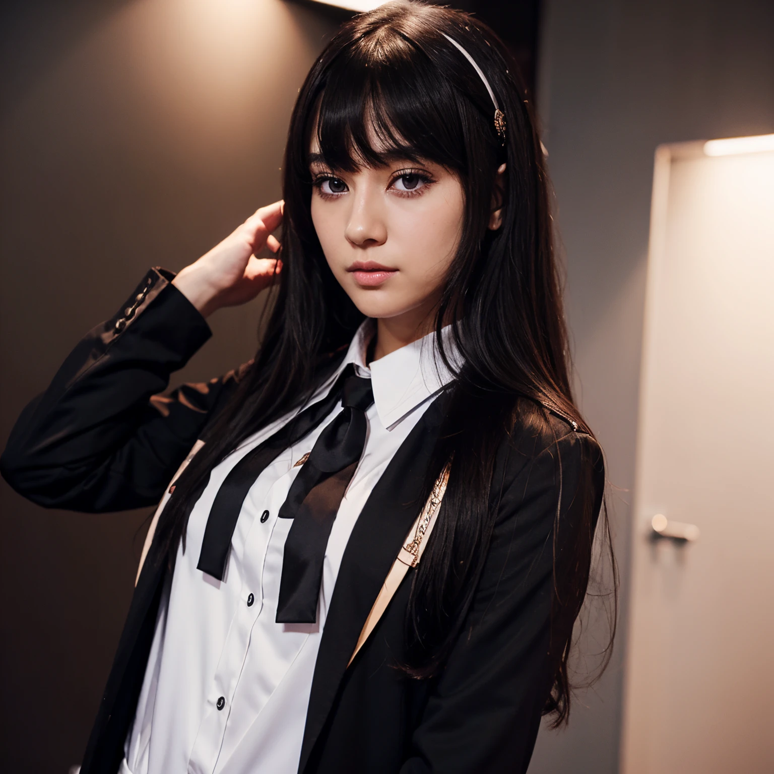 1 person, black hair, long hair, hair with bangs, looking at viewers, music themed outfit, suit and tie, female, hair over shoulders, music note hair clip, simple, anime,
