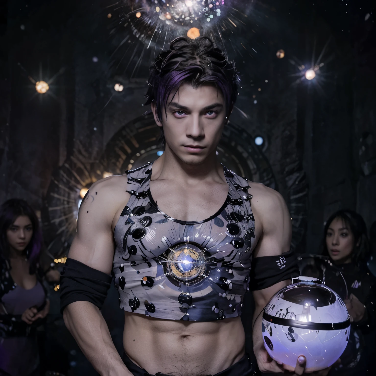 Manga style, Anime boy, handsome, blackhole warp effect in space behind, accretion disk halo, star embedded into chest, muscular, shrug stance, plasma ball magic on above left hand, dark matter ball magic above right hand, purple hair, black eyes speckled with small white dots, white pupil, black pants, white shirt