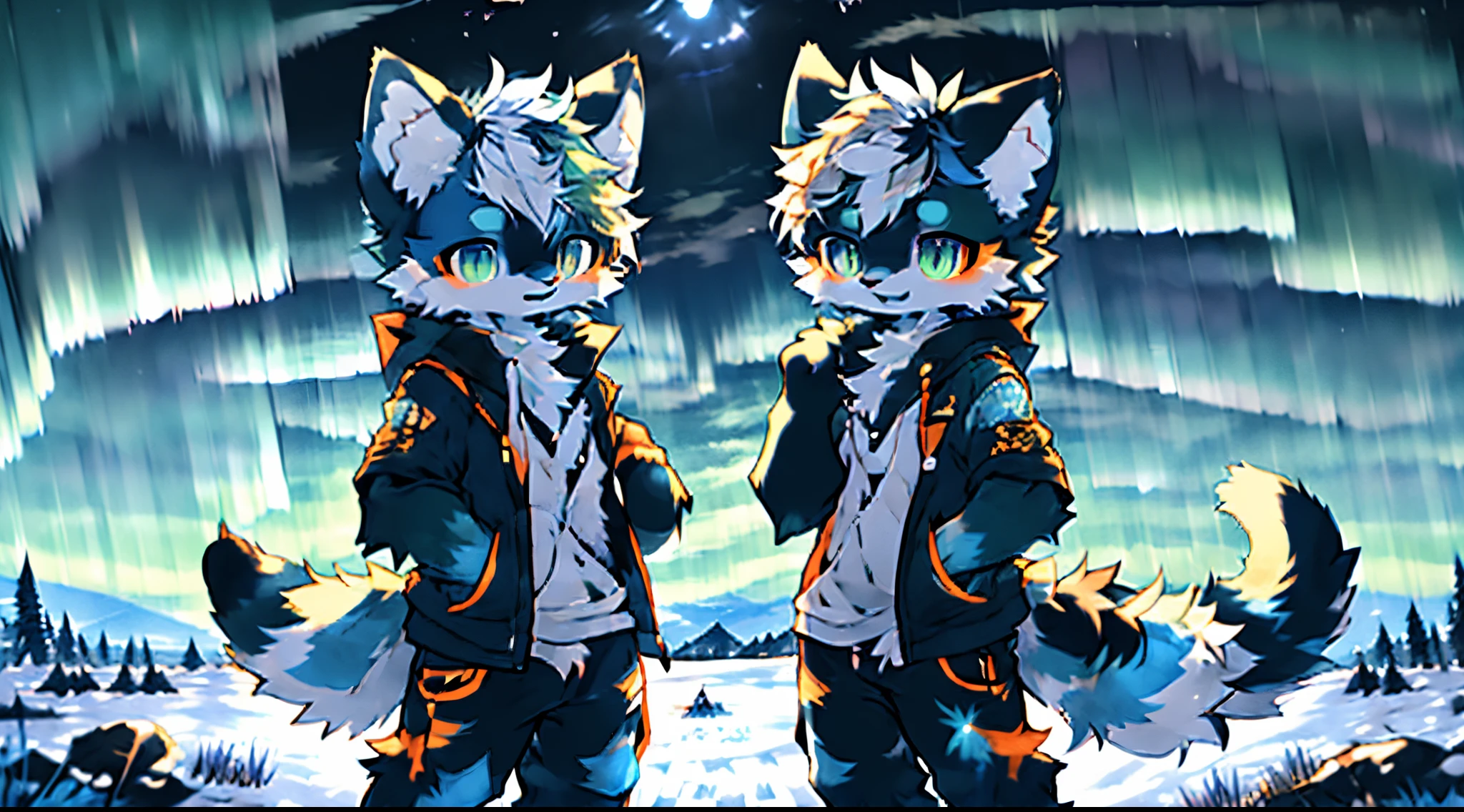 Cat standing in the snow,Aurora in the background, Animal art, Very very beautiful furry art, furry art!!!, Fursona Furry Artists Association, Pixiv Contest Winner, Faison!!!!, Sora a cat, furry anime, Animal Welfare Association, furry art, Holographic wolf girl, furry beasts, offcial art, Faison