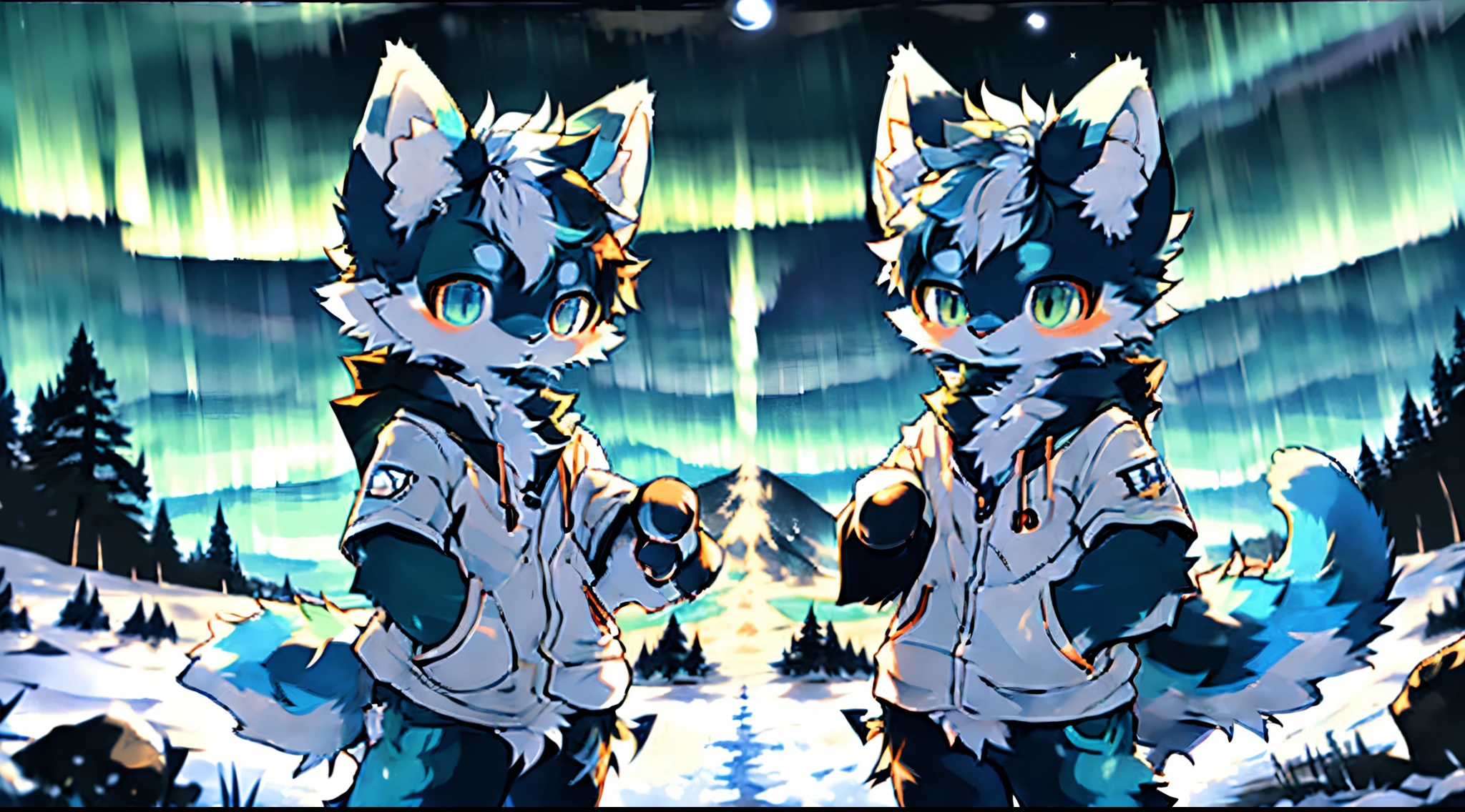 Cat standing in the snow,Aurora in the background, Animal art, Very very beautiful furry art, furry art!!!, Fursona Furry Artists Association, Pixiv Contest Winner, Faison!!!!, Sora a cat, furry anime, Animal Welfare Association, furry art, Holographic wolf girl, furry beasts, offcial art, Faison