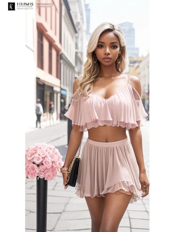 solo full shot of a very attractive ((brown skin young woman ))she beautiful and petite (( wearing a Layered pink chiffon sexy top and skirt )) tiny waist, ((lifelike skin texture)) ((very detailed image )) she has a petite figure ((stunning eyes and a sharp nose)) a perfect ((blonde white hair))UHD, a Masterpiece,Realistic textures,(( hyper-realistic)), 8k, photorealistic, XT3 grain,Fujifilm((ines c dos santos)) standing in a (( street pavement ))((sexy trending outfit )) black top