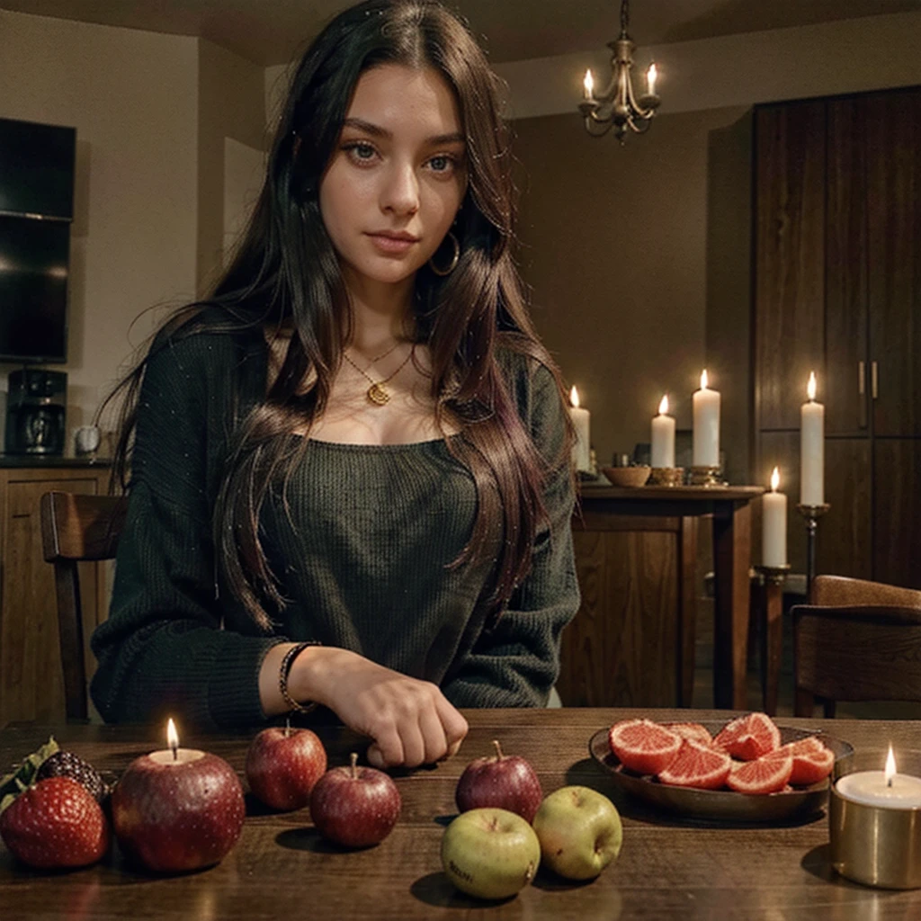 (one girl), Hanna, a 21 year old girl, 1.70 meters tall, weighs 49 kg, has very long and straight dark purple hair, has big green eyes, wears gold earrings and bracelets, always has a smartwatch on wrist, sitting in house on the table in the living room, while having dinner, the table full of fruit and vegetables, dressed in a black sweater, table lit by candles, (hands hidden), ultra realistic style, (seed 3978045937)