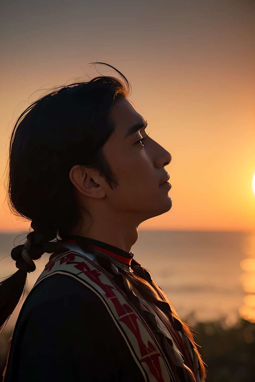 ((best quality)), ((masterpiece)), speaking, profile, silhouette, native American man