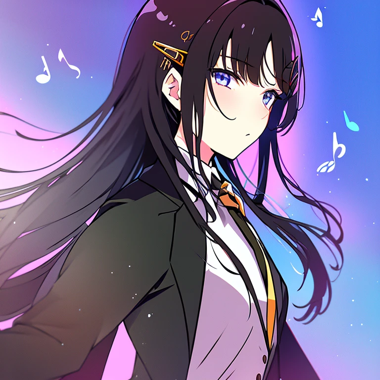 1 person, black hair, long hair, hair with bangs, looking at viewers, music themed outfit, suit and tie, female, hair over shoulders, music note hair clip, , anime,