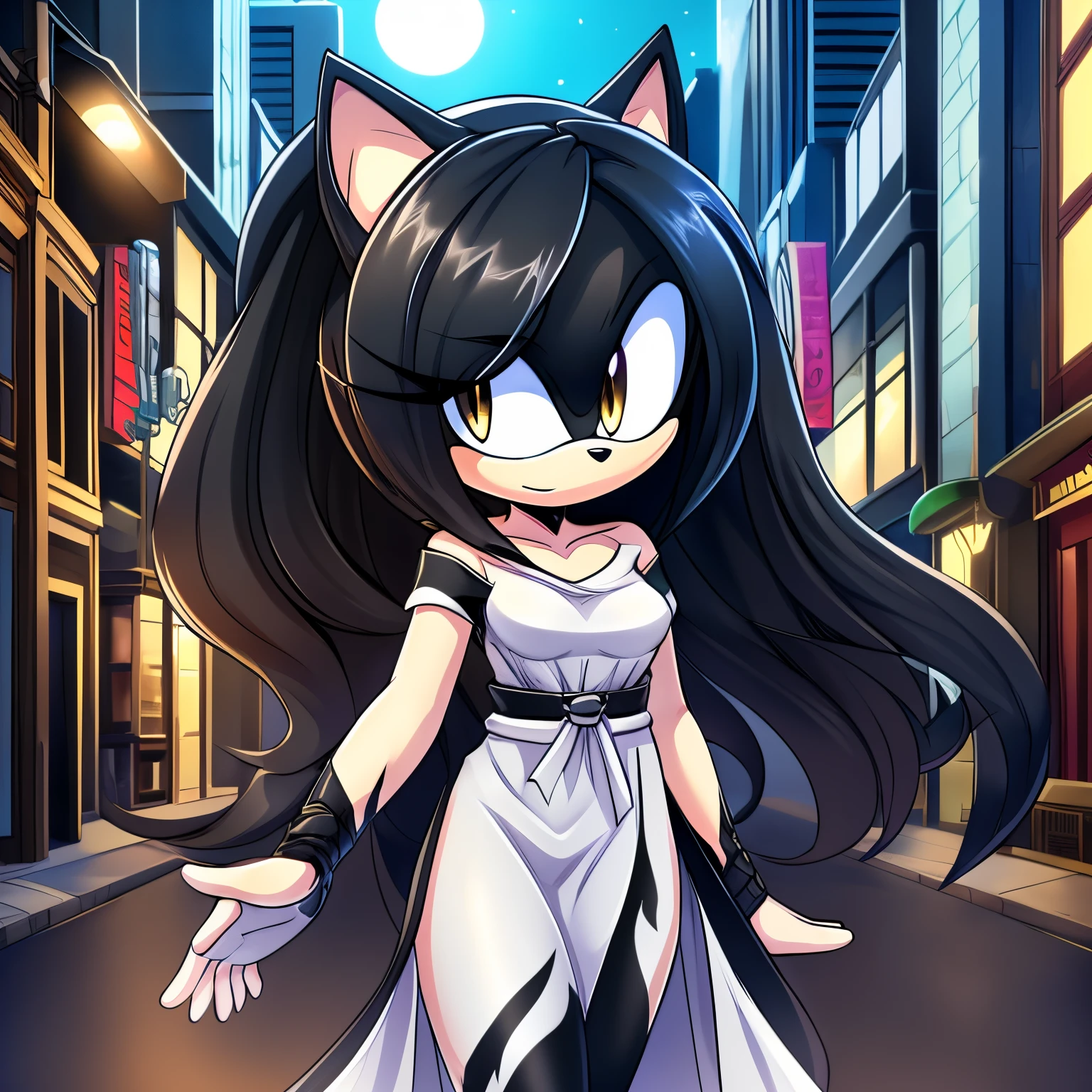 Mobian, female, hedgehog, grayish black fur, long hair, feminine eyelashes, medium breasts, hair bangs, perfect feminine figure, intricate details, (detailed background:1.3), anime style, night, city street, sharp focus, serious, standing, furry female, (solo), sundown, hair over one eye, ((short white one-shoulder dress with a gray undershirt)), long white wrist-guards, a black sash belt, ((gray tights)), best quality, ((wearing venom Symbiote like suit))